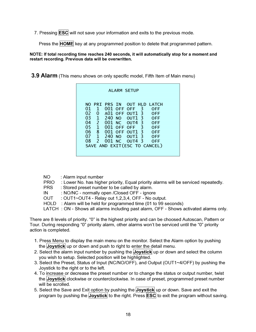 Speco Technologies CVC-927PTZ instruction manual Prio, Prs, Out, Hold, Latch 