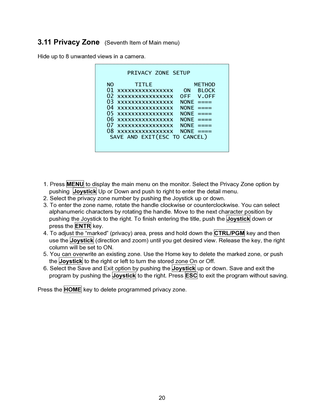 Speco Technologies CVC-927PTZ instruction manual Privacy Zone Setup Title 