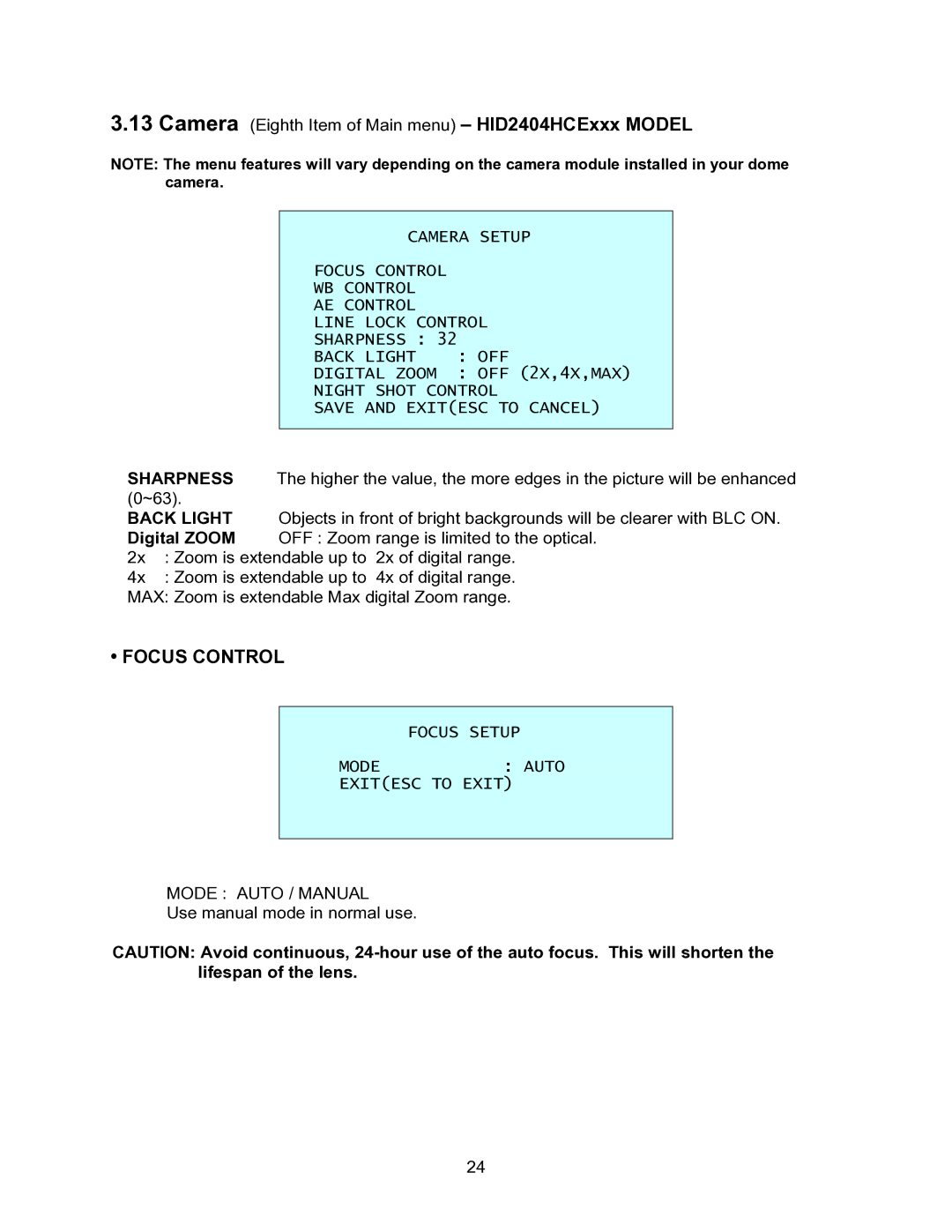 Speco Technologies CVC-927PTZ instruction manual Focus Setup Mode Auto Exitesc to Exit 