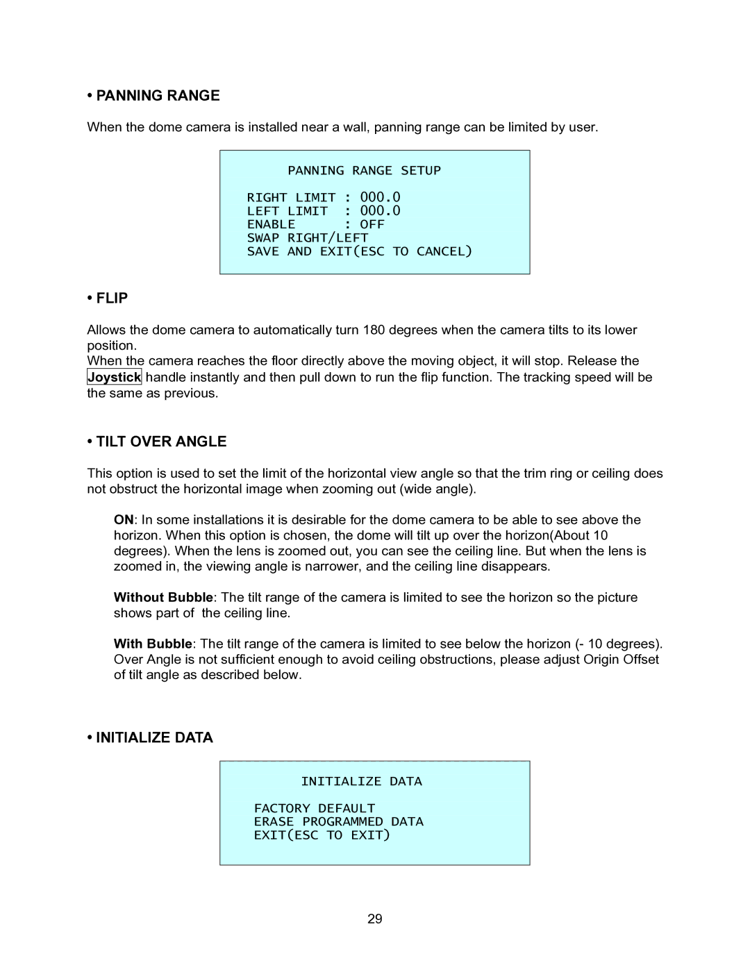 Speco Technologies CVC-927PTZ instruction manual Panning Range, Flip, Tilt Over Angle, Initialize Data 