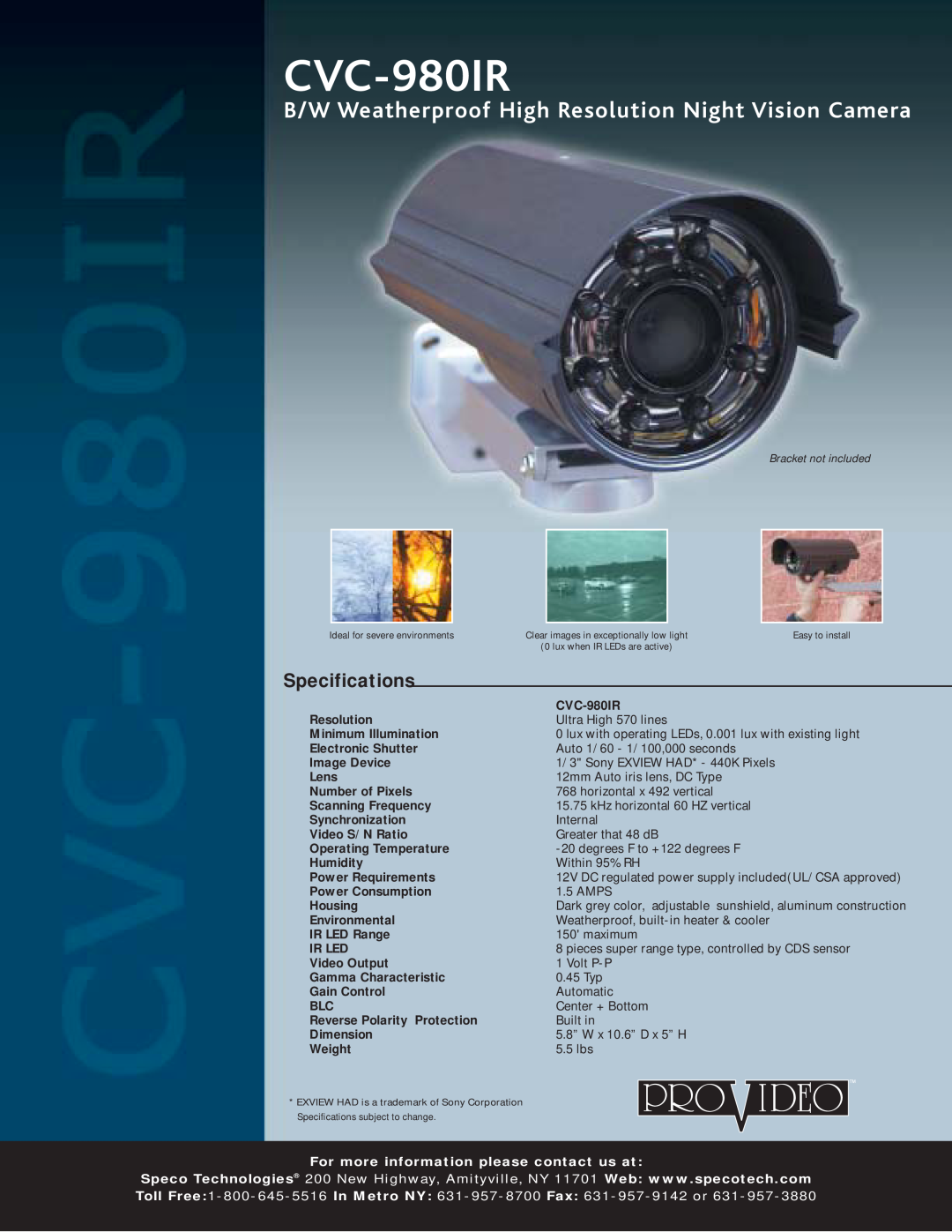 Speco Technologies CVC-980 IR specifications CVC-980IR, B/W Weatherproof High Resolution Night Vision Camera 