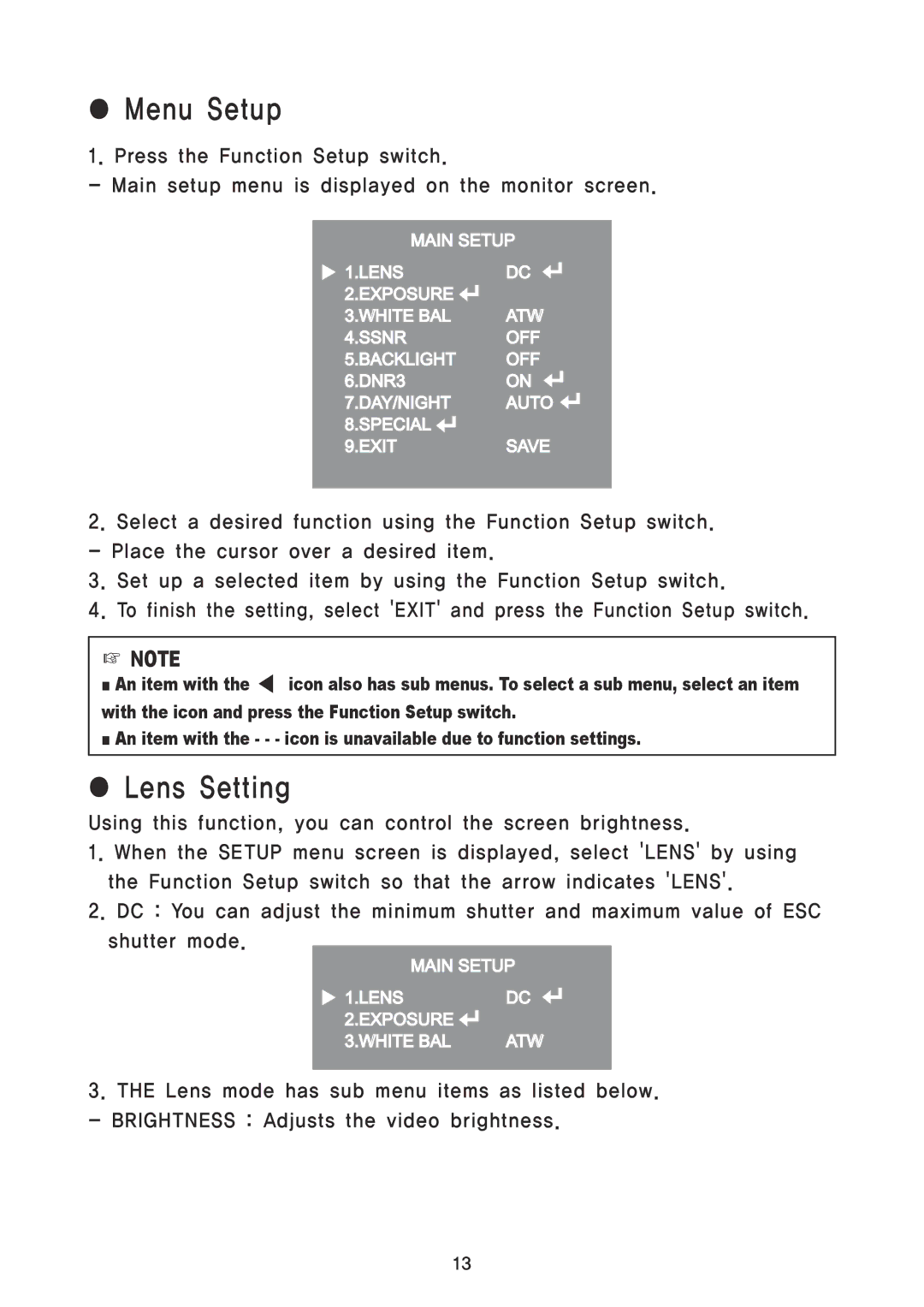 Speco Technologies CVC5300DPVF/CVC5300DPVFW instruction manual Menu Setup, Lens Setting 