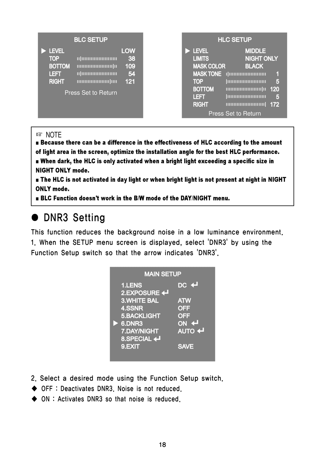 Speco Technologies CVC5300DPVF/CVC5300DPVFW instruction manual DNR3 Setting 