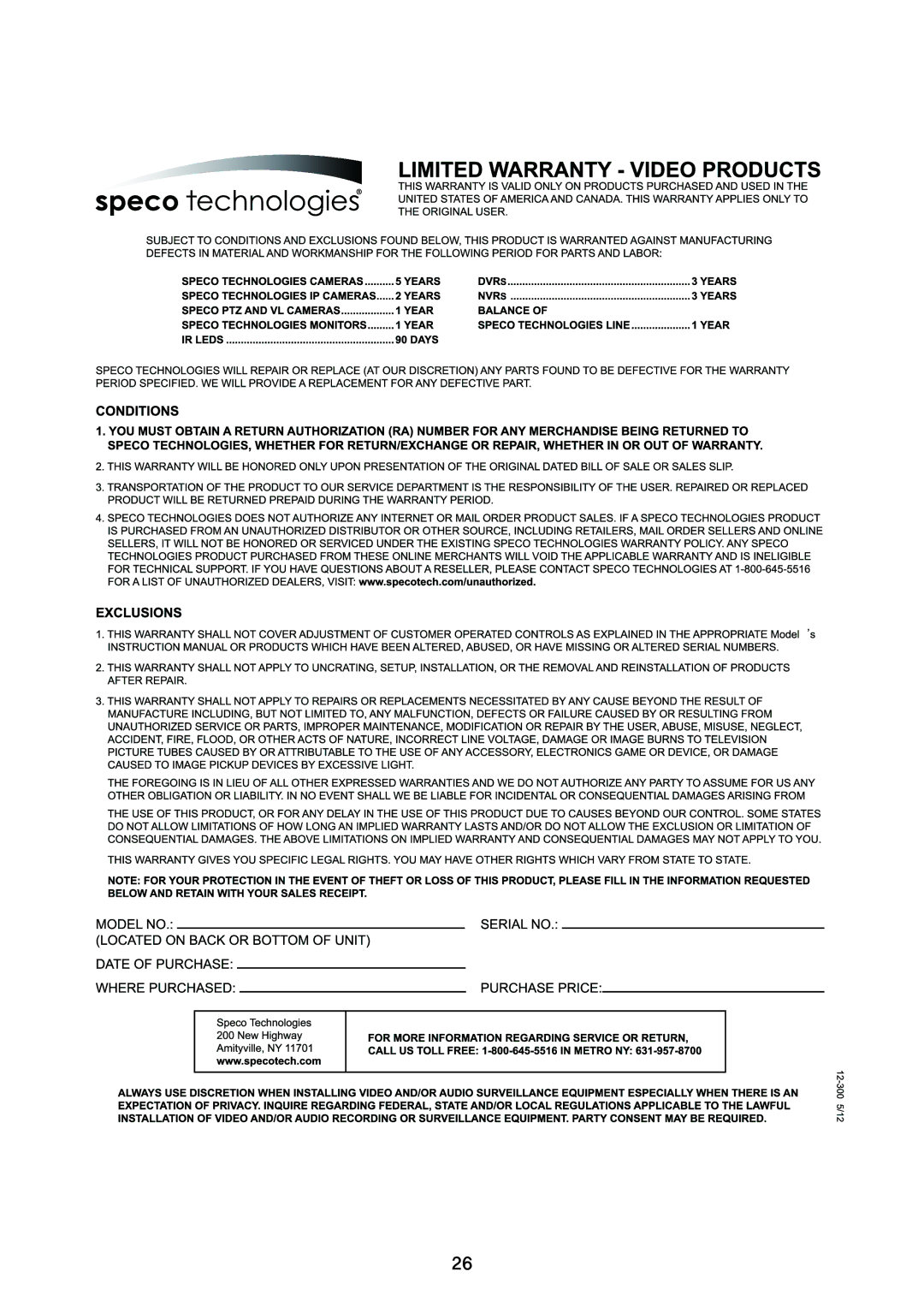 Speco Technologies CVC5300DPVF/CVC5300DPVFW instruction manual 