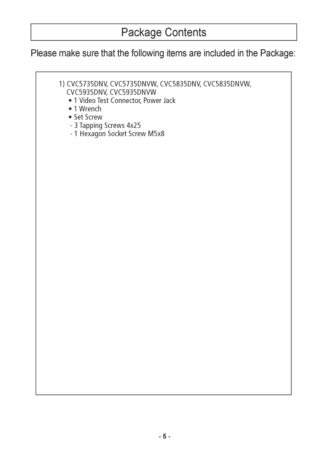 Speco Technologies CVC5835DNVW, CVC5935DNVW, CVC5735DNVW instruction manual Package Contents 