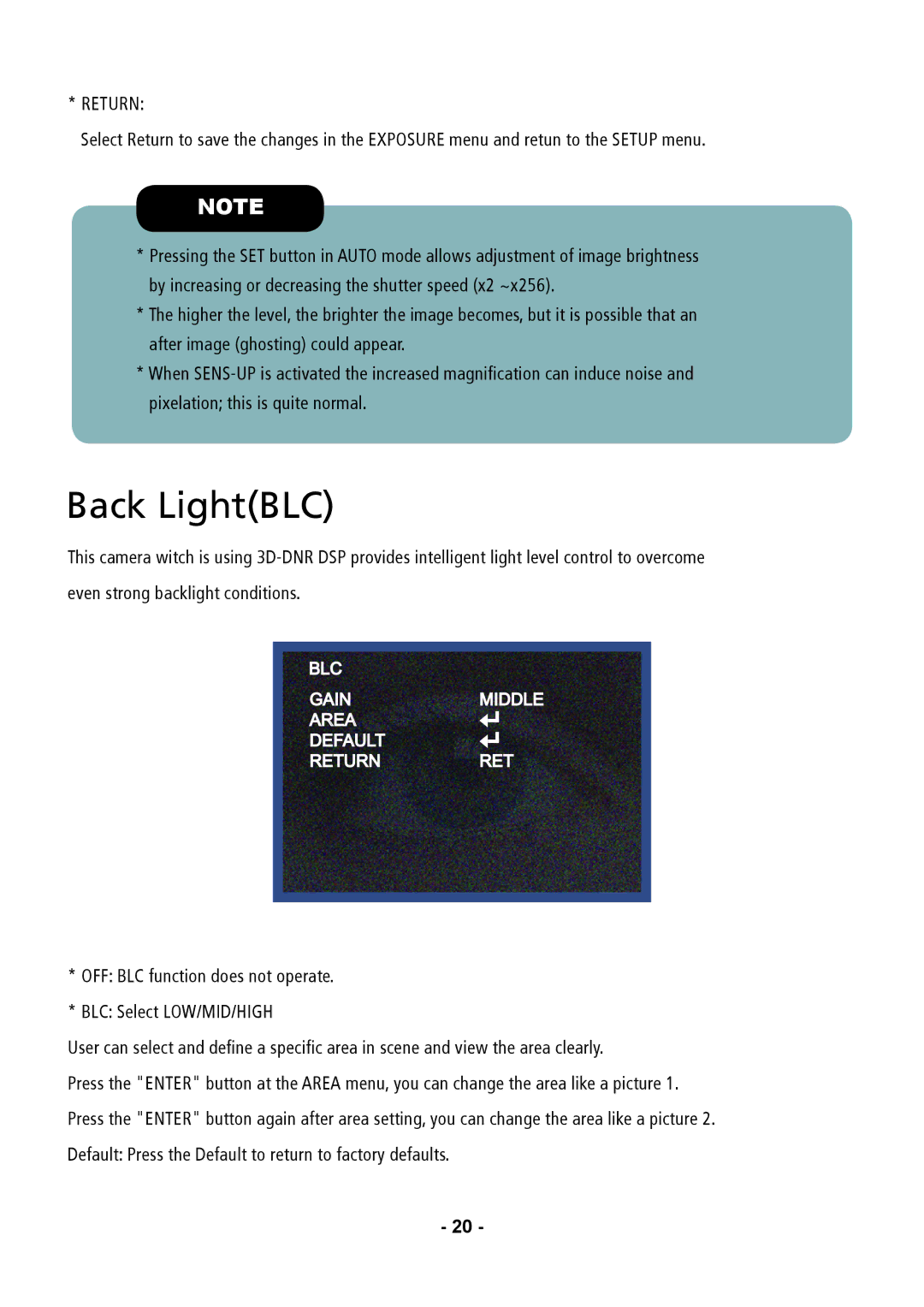 Speco Technologies CVC5915DNVW, CVC5815DNVW instruction manual Back LightBLC, Return 