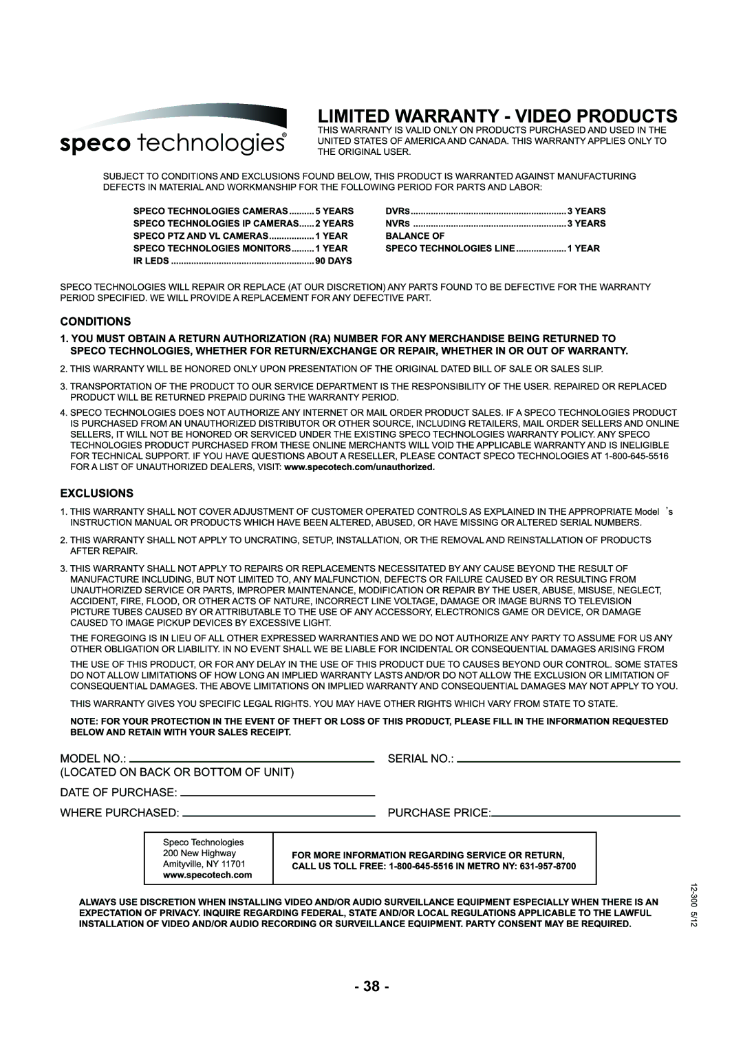 Speco Technologies CVC5815DNVW, CVC5915DNVW instruction manual 