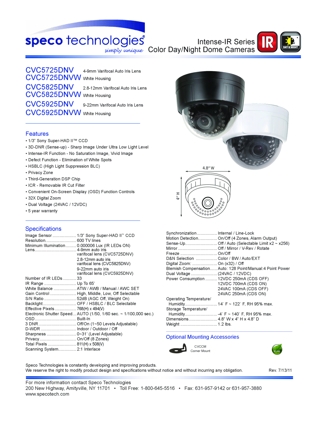 Speco Technologies CVC5925DNV warranty Intense-IR Series, simply unique Color Day/Night Dome Cameras, Features, Lens 