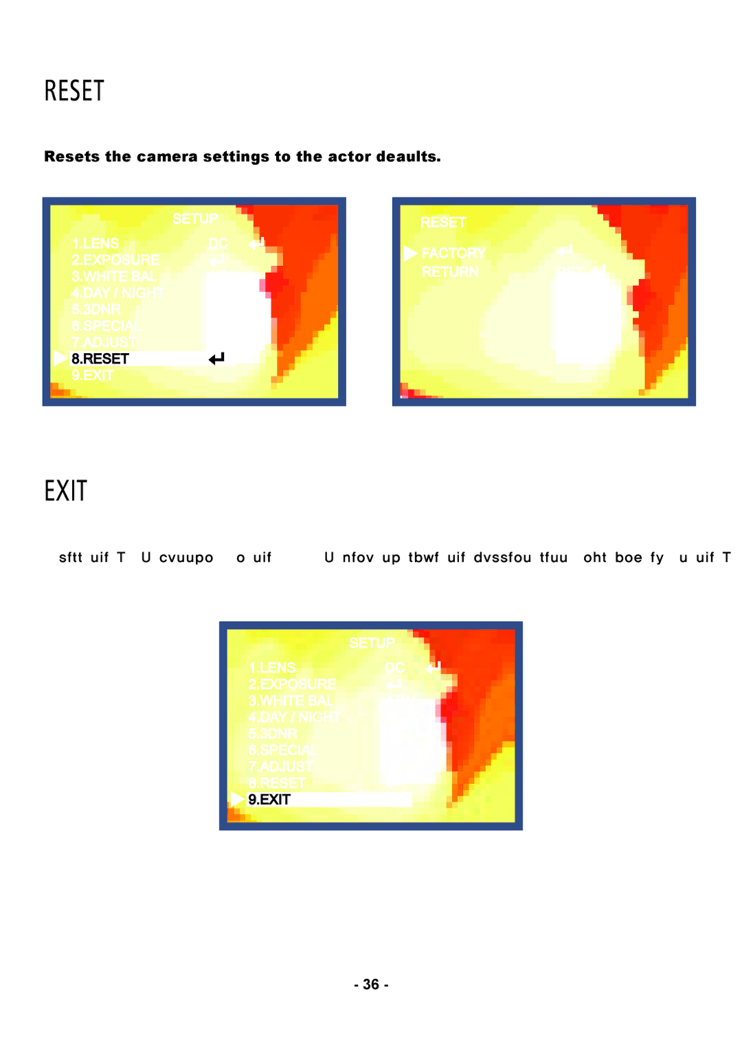 Speco Technologies CVC5945DNVW instruction manual Resets the camera settings to the factory defaults 