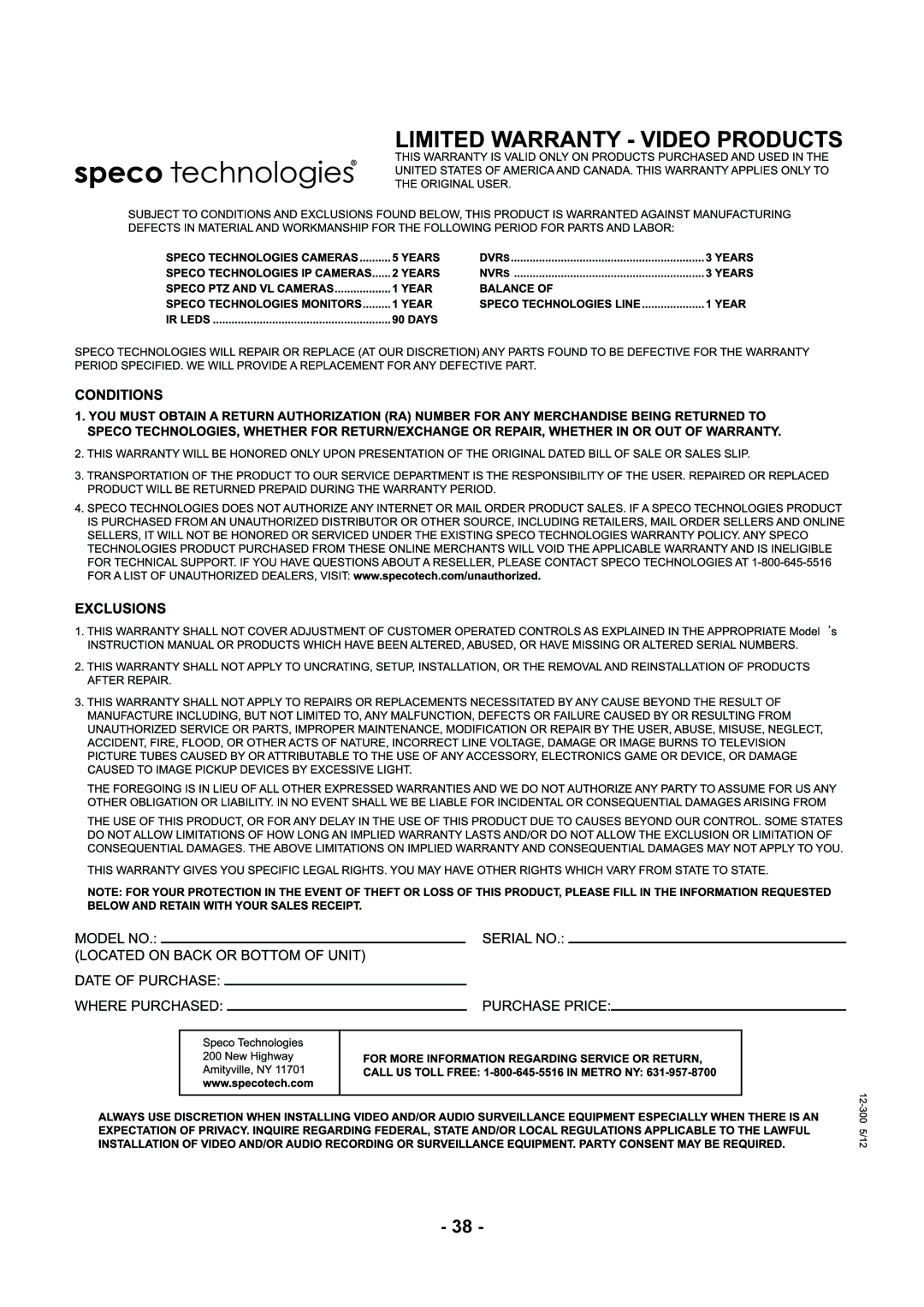 Speco Technologies CVC5945DNVW instruction manual 