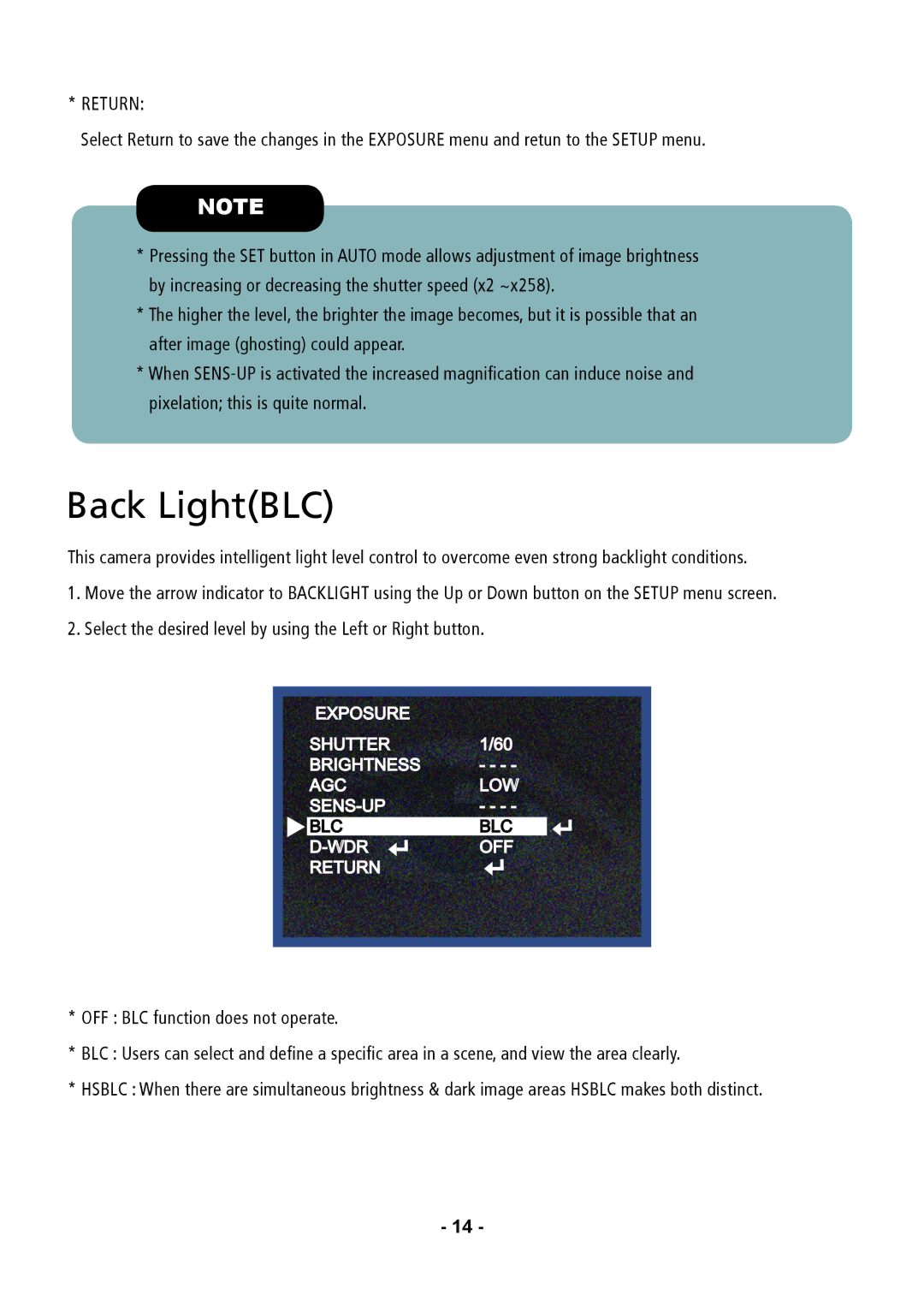 Speco Technologies CVC6146SCFF instruction manual Back LightBLC, Return 