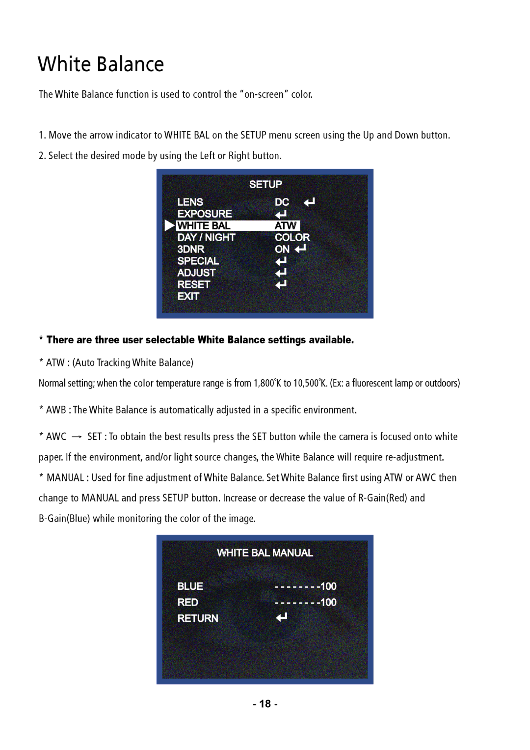 Speco Technologies CVC6146SCFF instruction manual ATW Auto Tracking White Balance 