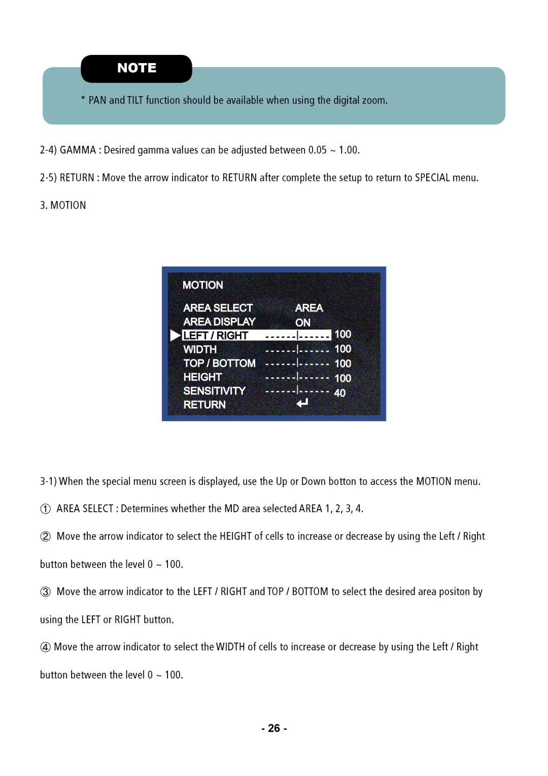 Speco Technologies CVC6146SCFF instruction manual Motion Area Select Area Display Left / Right 