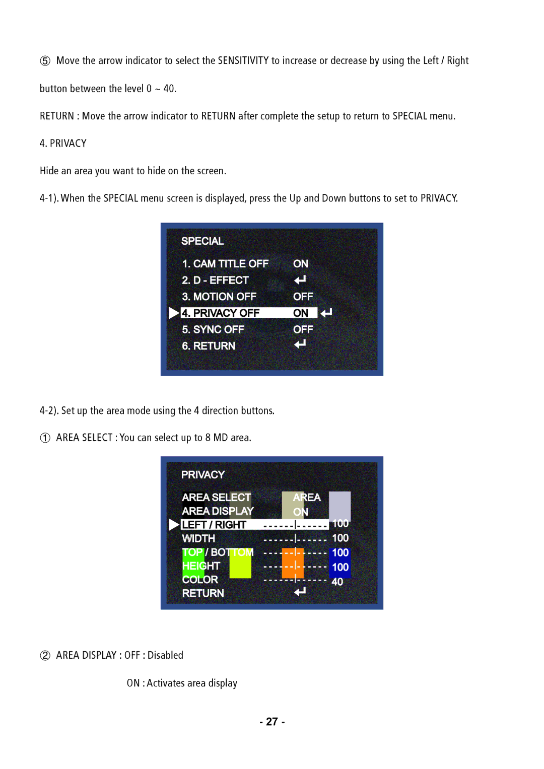 Speco Technologies CVC6146SCFF instruction manual ② Area Display OFF Disabled On Activates area display 