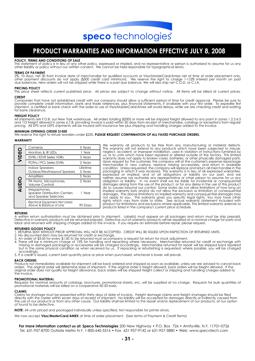 Speco Technologies CVC6146SCFF instruction manual Product Warranties and Information Effective July 8 