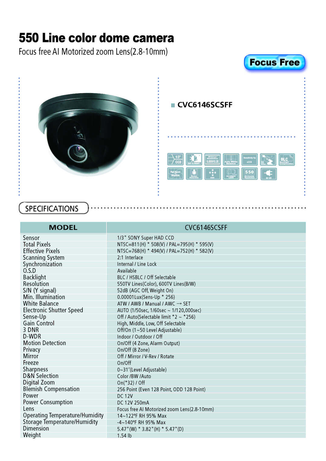 Speco Technologies CVC6146SCFF instruction manual Line color dome camera 