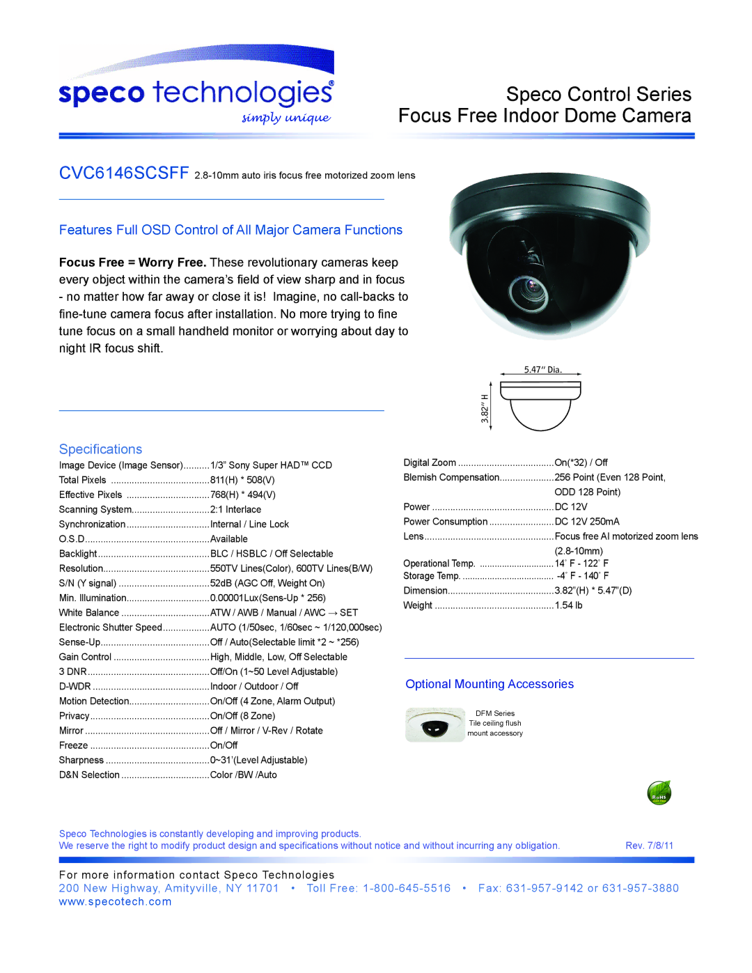 Speco Technologies CVC6146SCSFF manual Speco Control Series Focus Free Indoor Dome Camera, Specifications 