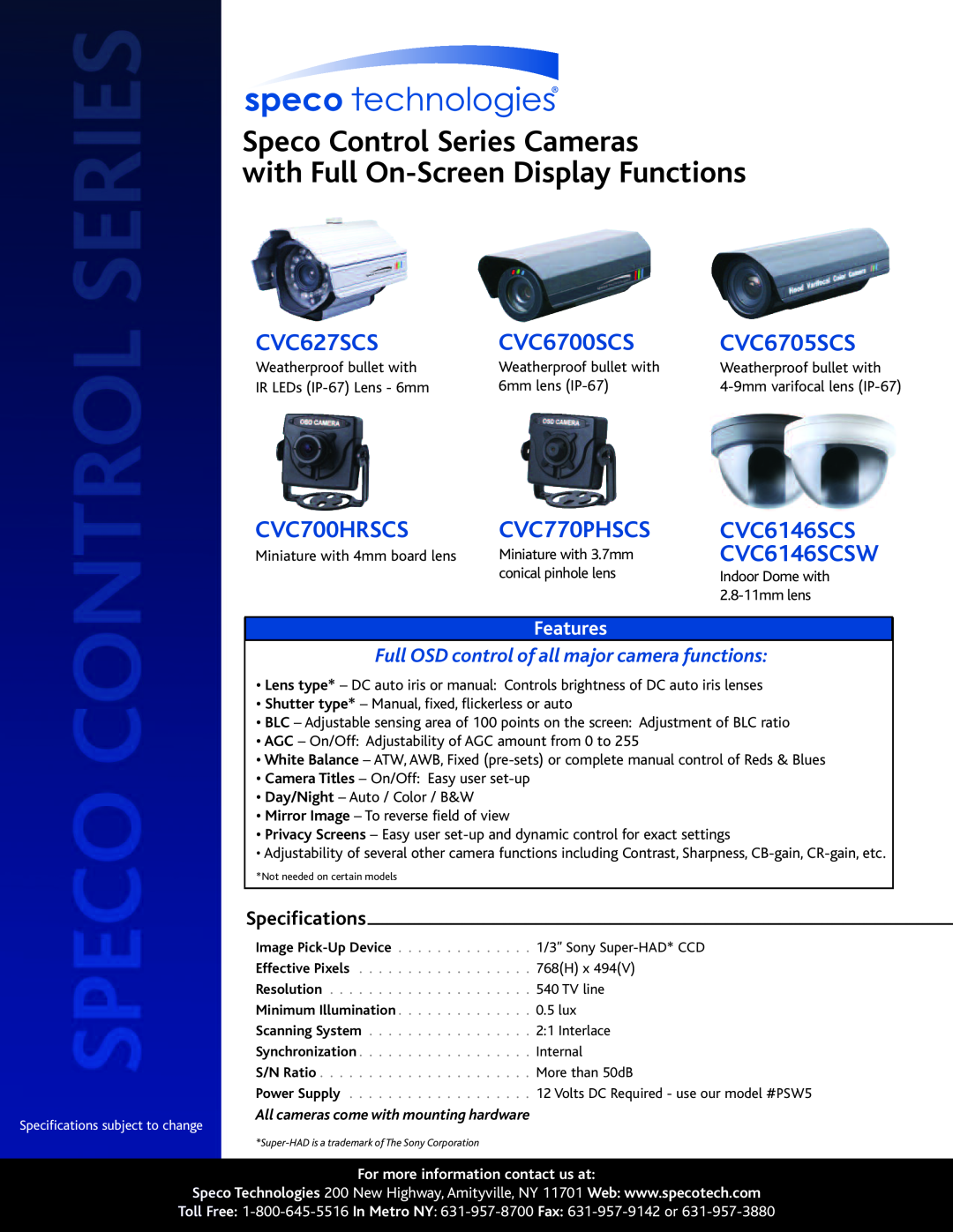 Speco Technologies CVC6146SCS specifications Speco Control Series Cameras with Full On-Screen Display Functions, CVC627SCS 