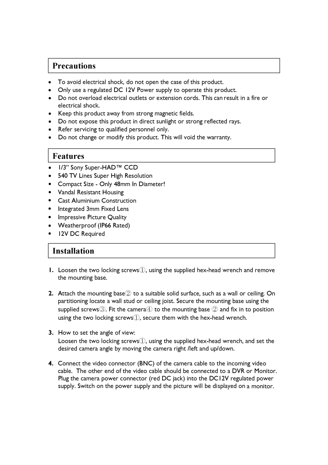 Speco Technologies CVC61HRW, CVC61HRB instruction manual Precautions 