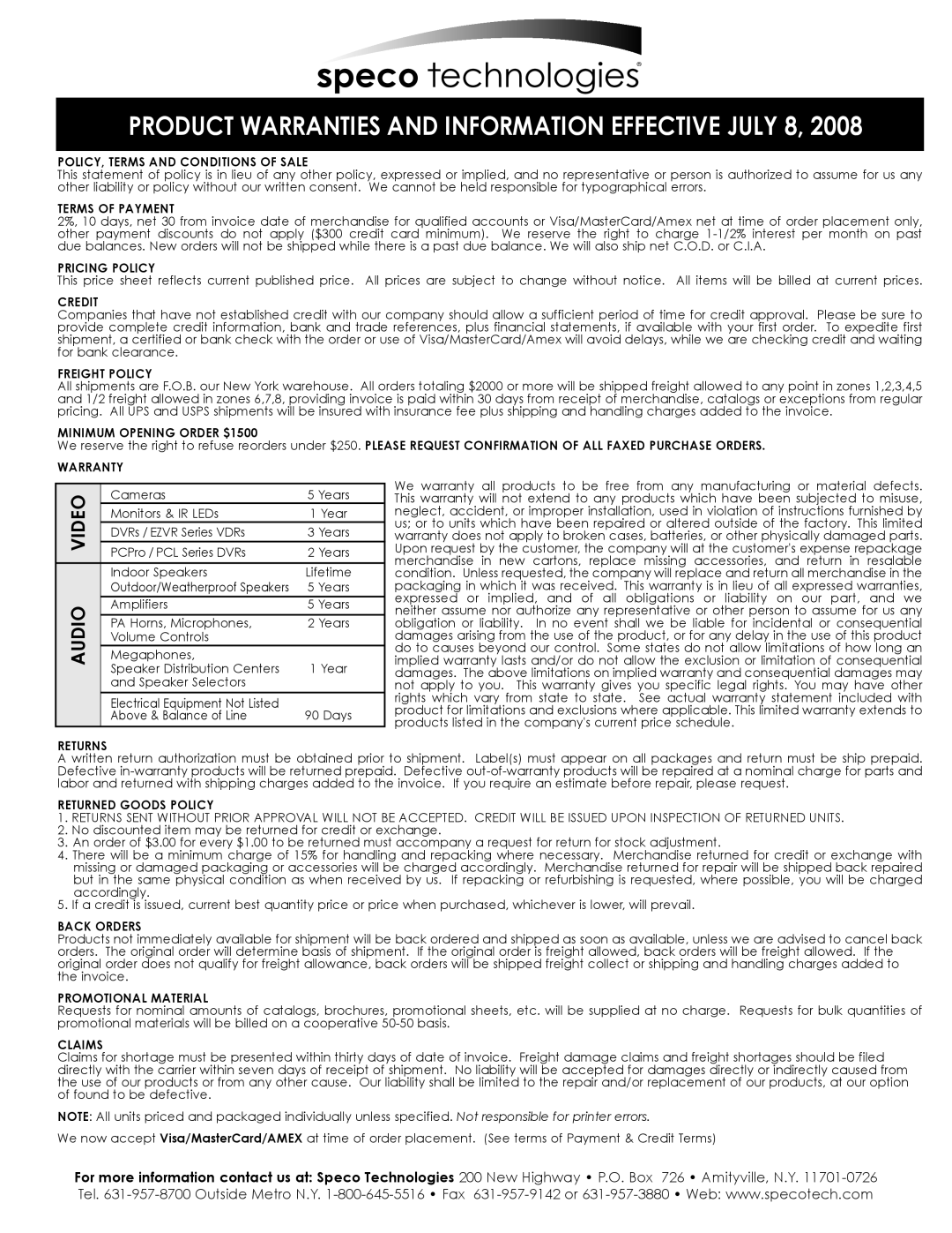 Speco Technologies CVC61HRW, CVC61HRB instruction manual Product Warranties and Information Effective July 8 