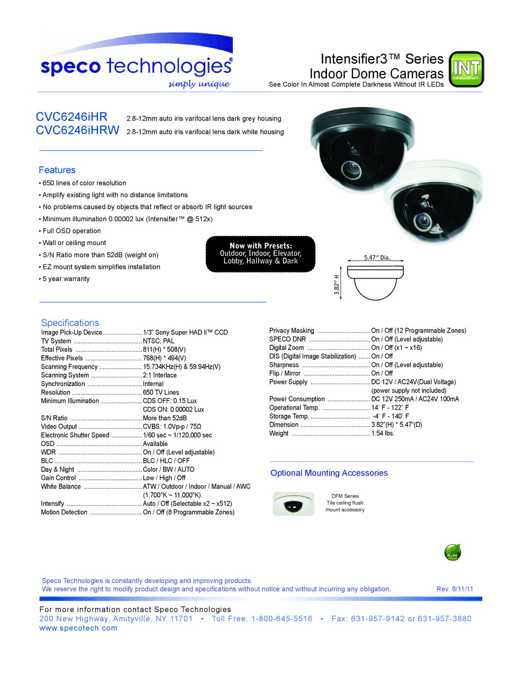 Speco Technologies CVC6246IHRW warranty Intensifier3 Series, Indoor Dome Cameras, CVC6246iHR CVC6246iHRW 