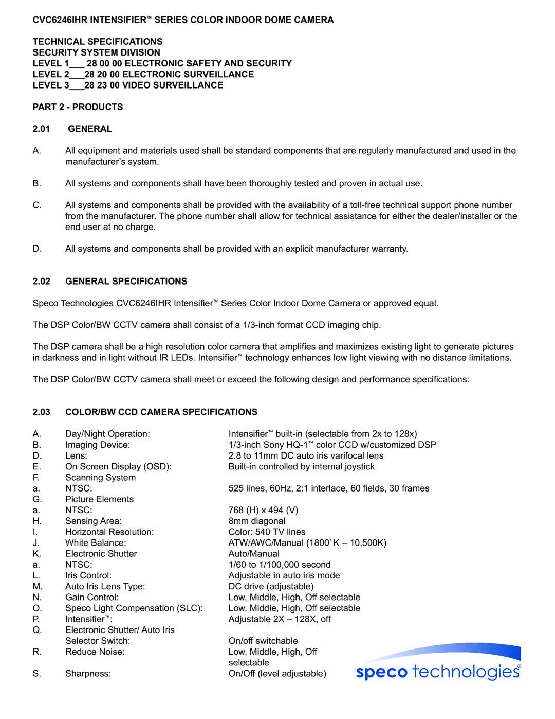 Speco Technologies CVC6246IHR technical specifications General Specifications, COLOR/BW CCD Camera Specifications, Ntsc 