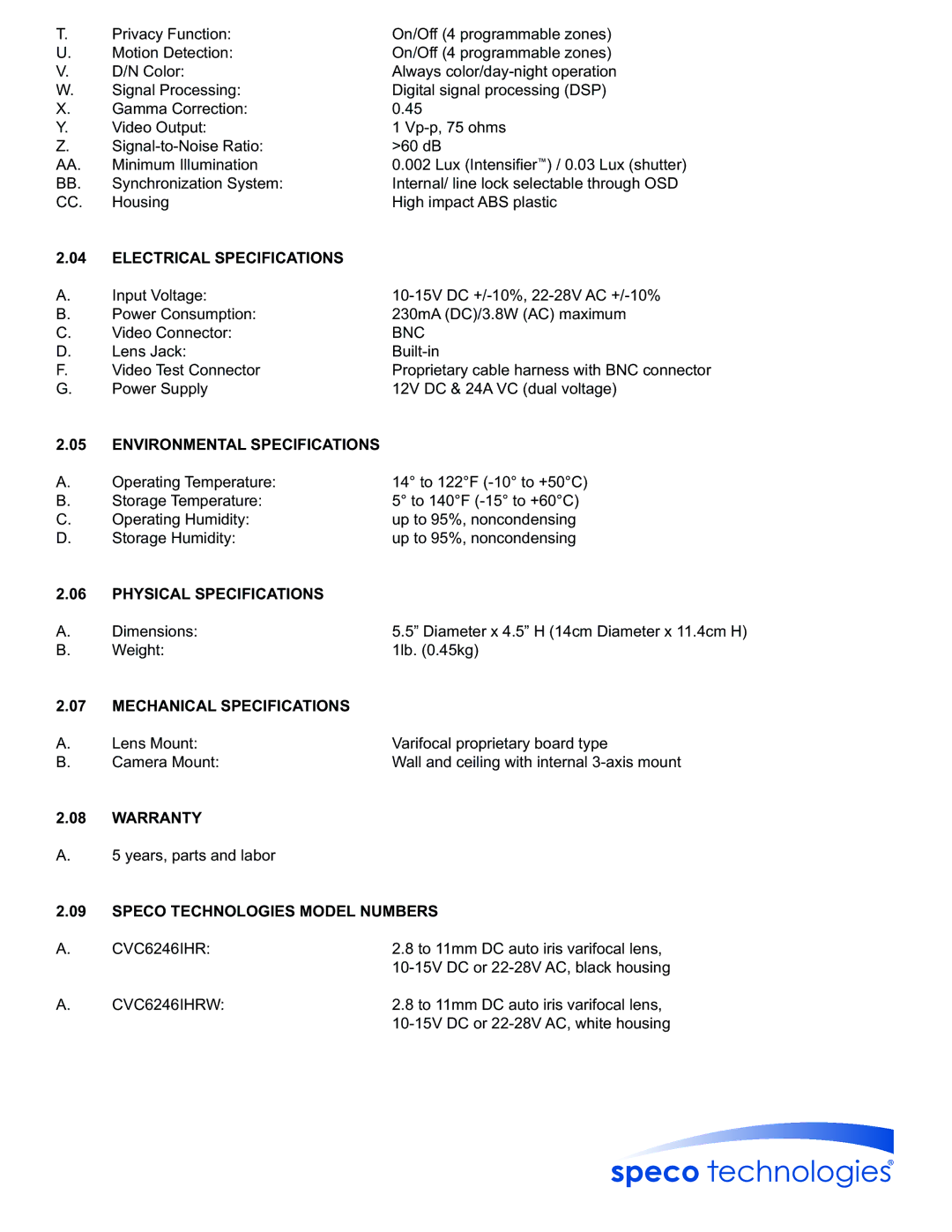 Speco Technologies CVC6246IHR Electrical Specifications, Environmental Specifications, Physical Specifications, Warranty 