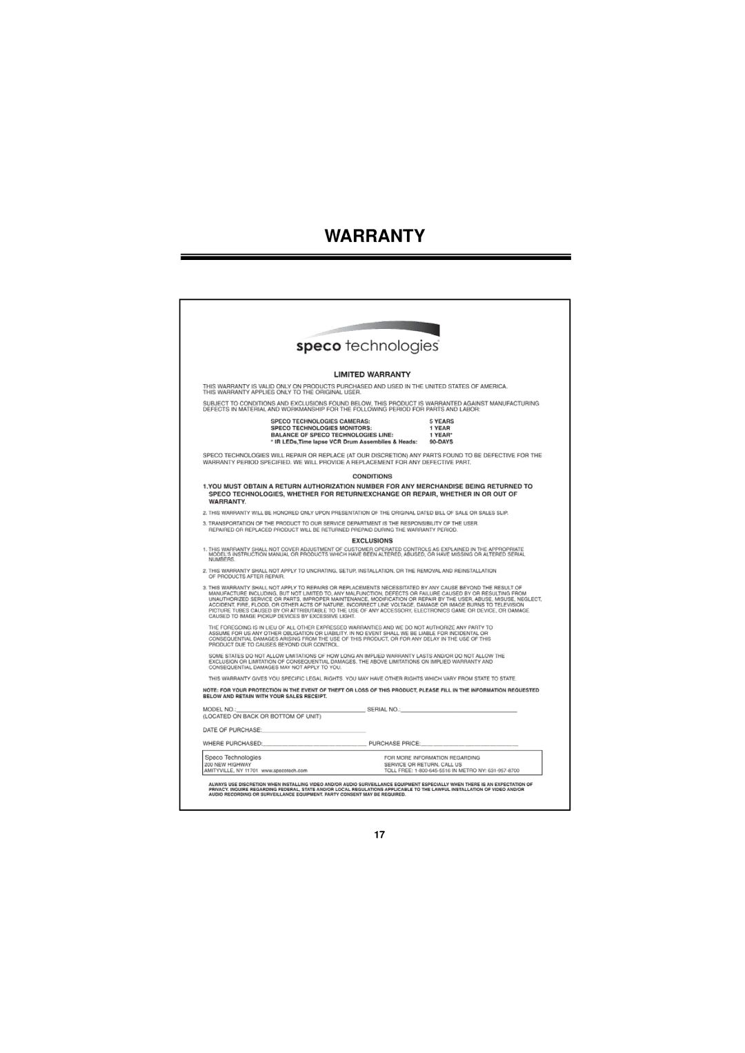 Speco Technologies CVC624WDR manual Warranty 