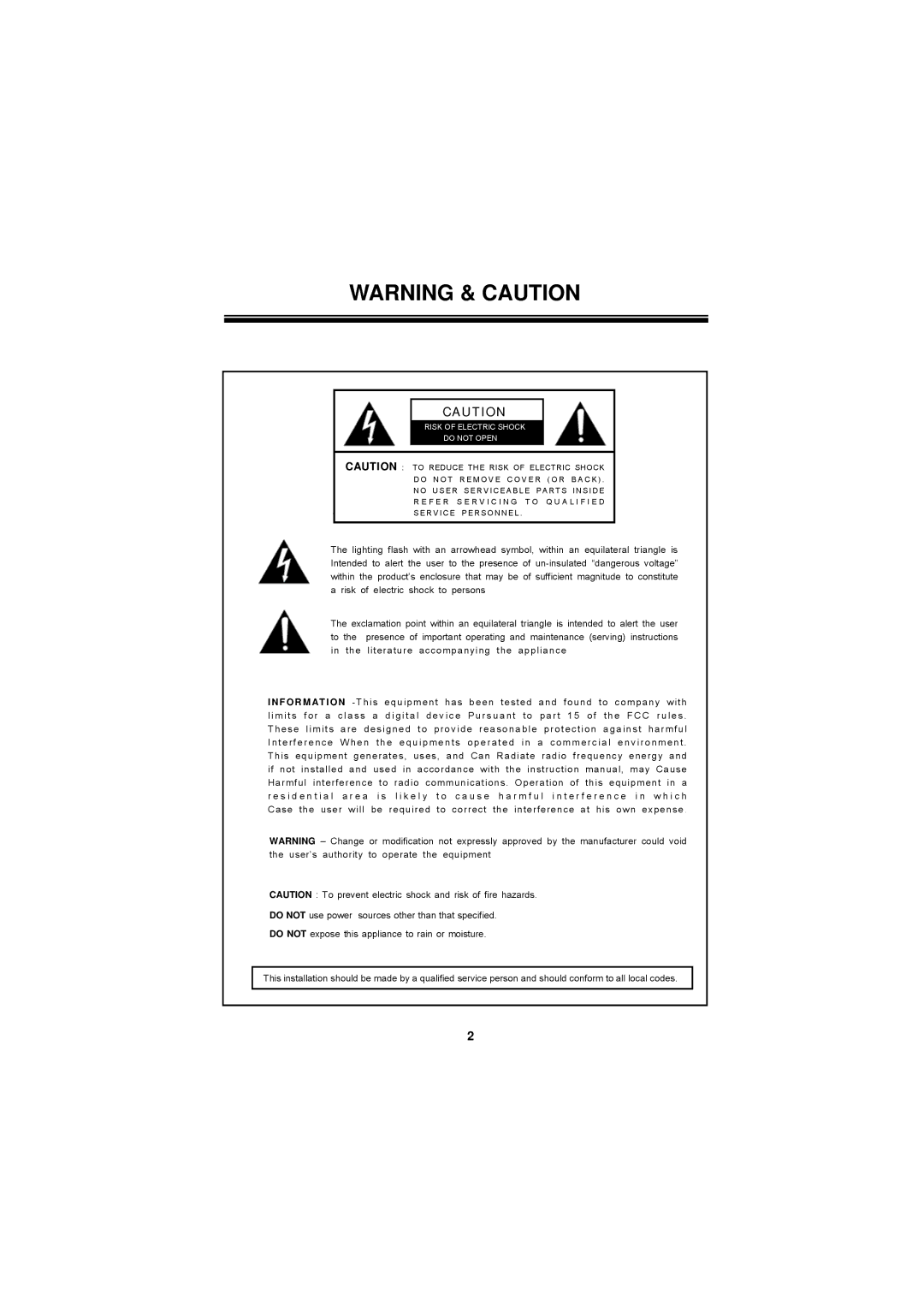 Speco Technologies CVC624WDR manual Risk of Electric Shock Do not Open 