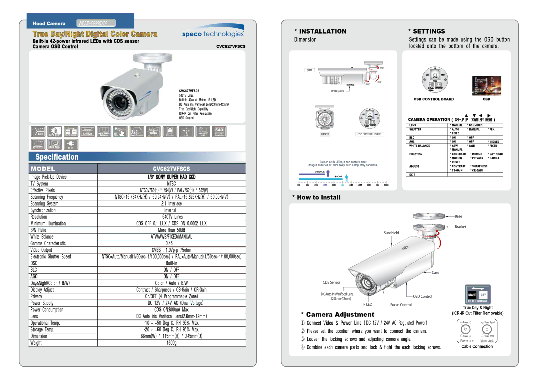 Speco Technologies CVC627VFSCS manual TV System, Interlace, Resolution 540TV Lines, Video Output, Lens, Set, You, Weight 