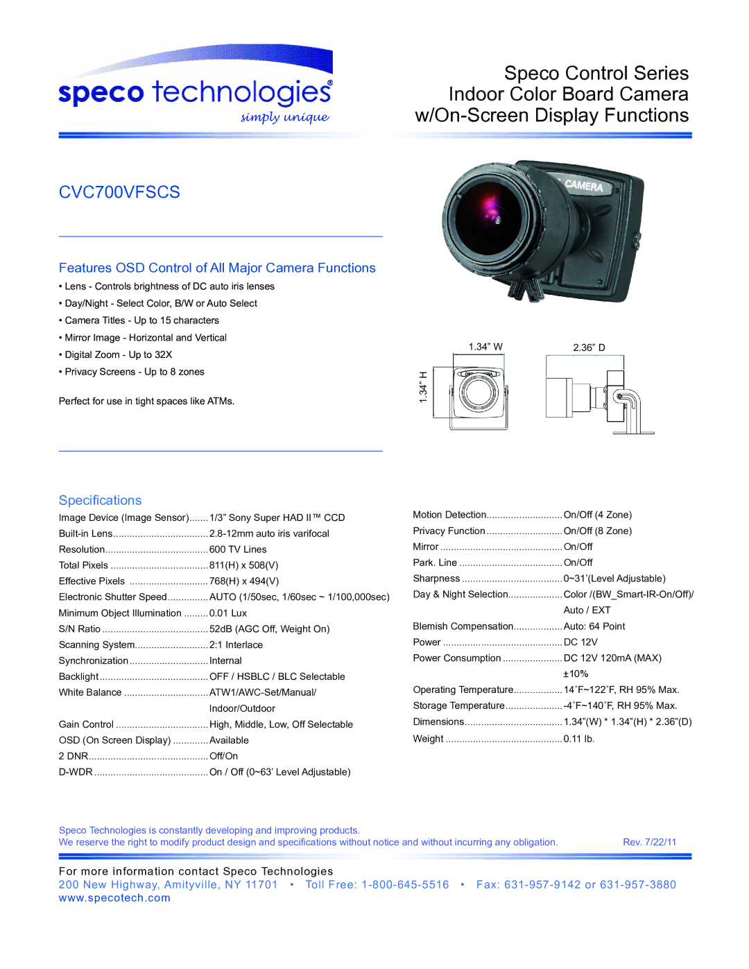 Speco Technologies CVC700VFSCS dimensions Features OSD Control of All Major Camera Functions, Specifications, Dnr, Wdr 