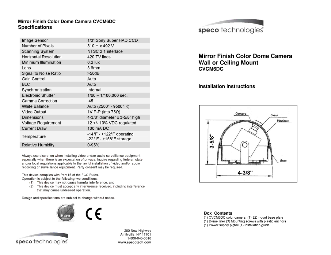 Speco Technologies CVCM6DC specifications Specifications, Installation Instructions, Box Contents 