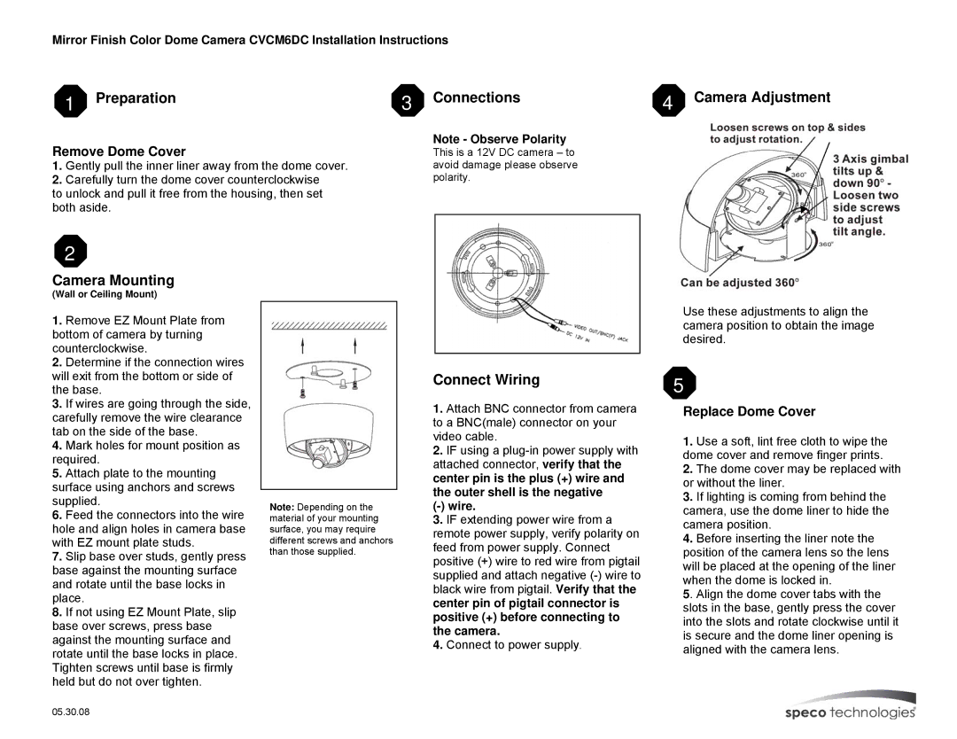 Speco Technologies CVCM6DC Preparation Connections Camera Adjustment, Camera Mounting, Connect Wiring, Remove Dome Cover 