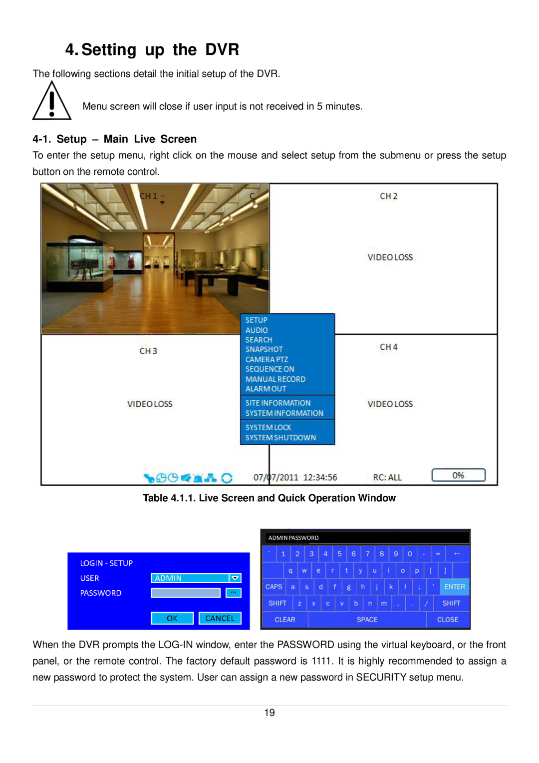 Speco Technologies D4RS, D16RS, D8RS manual Setting up the DVR, Setup Main Live Screen 