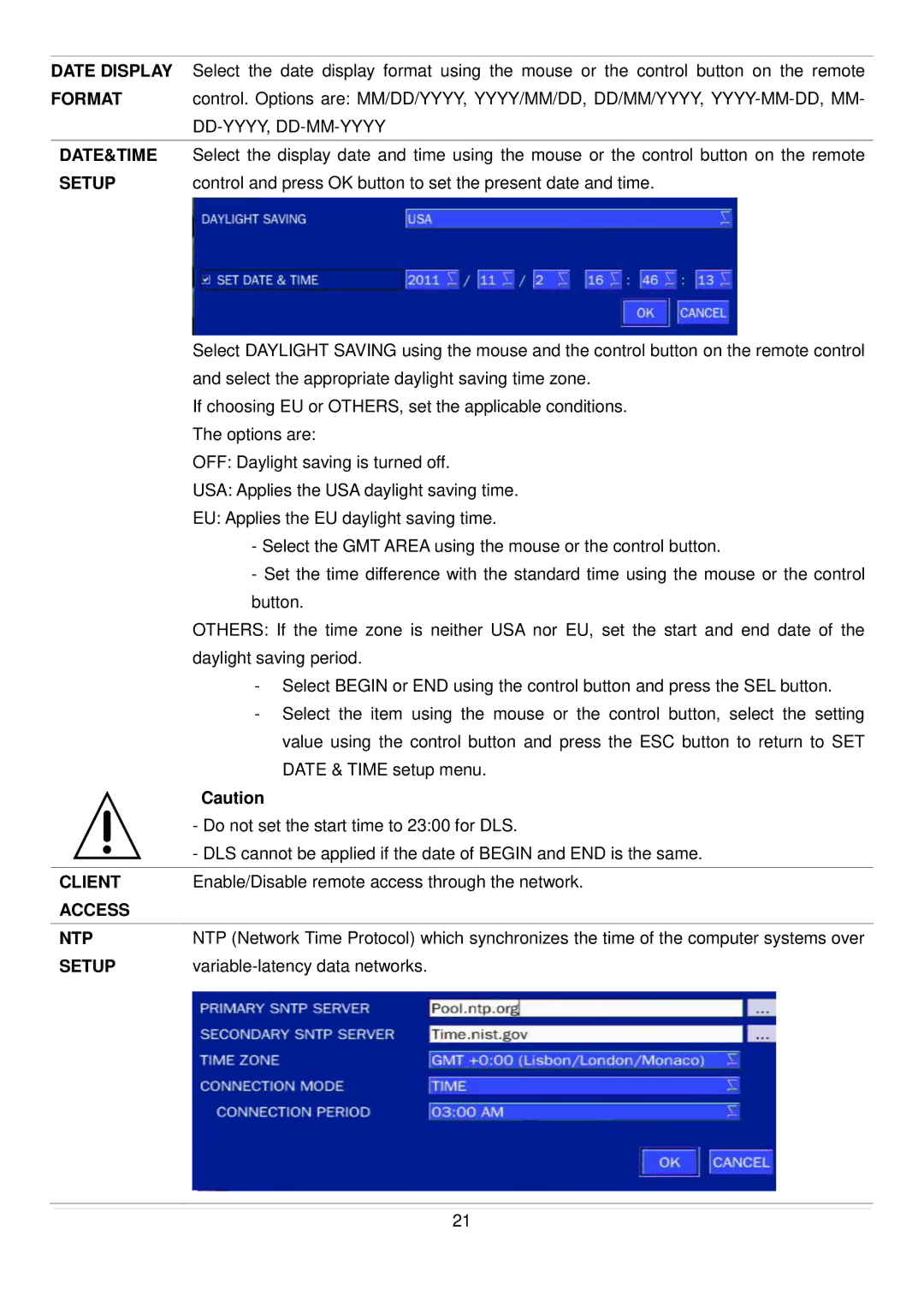 Speco Technologies D16RS, D4RS, D8RS manual Date Display, Format, Date&Time, Setup, Client, Access NTP 