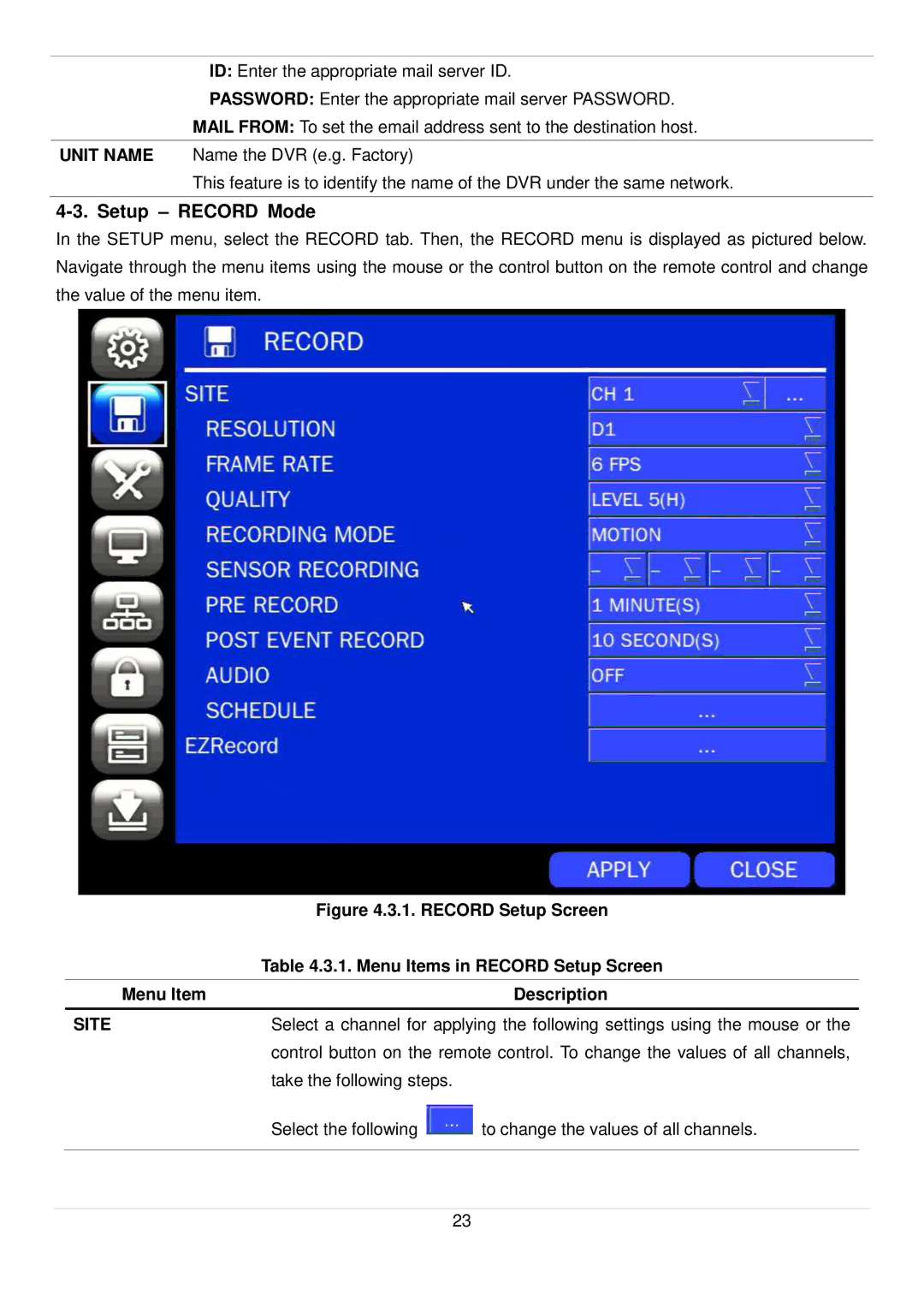 Speco Technologies D8RS, D16RS, D4RS manual Setup Record Mode, Site 