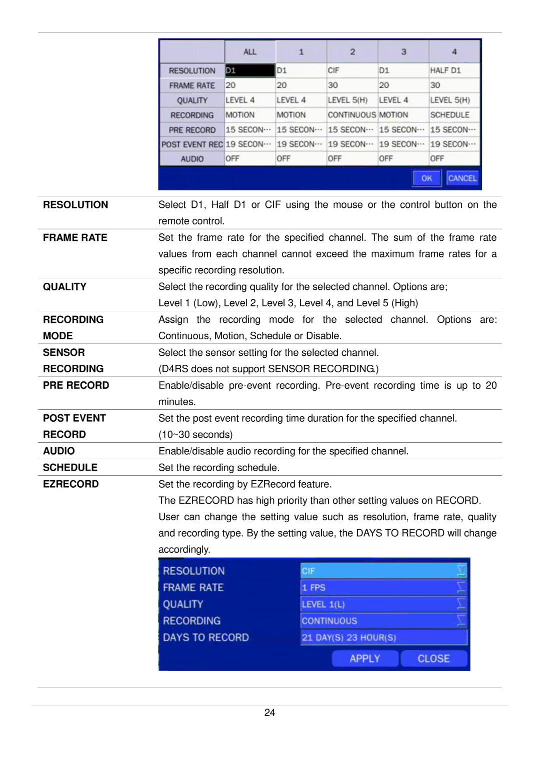 Speco Technologies D16RS Resolution, Frame Rate, Quality, Recording, Mode, Sensor, PRE Record, Post Event, Audio, Schedule 