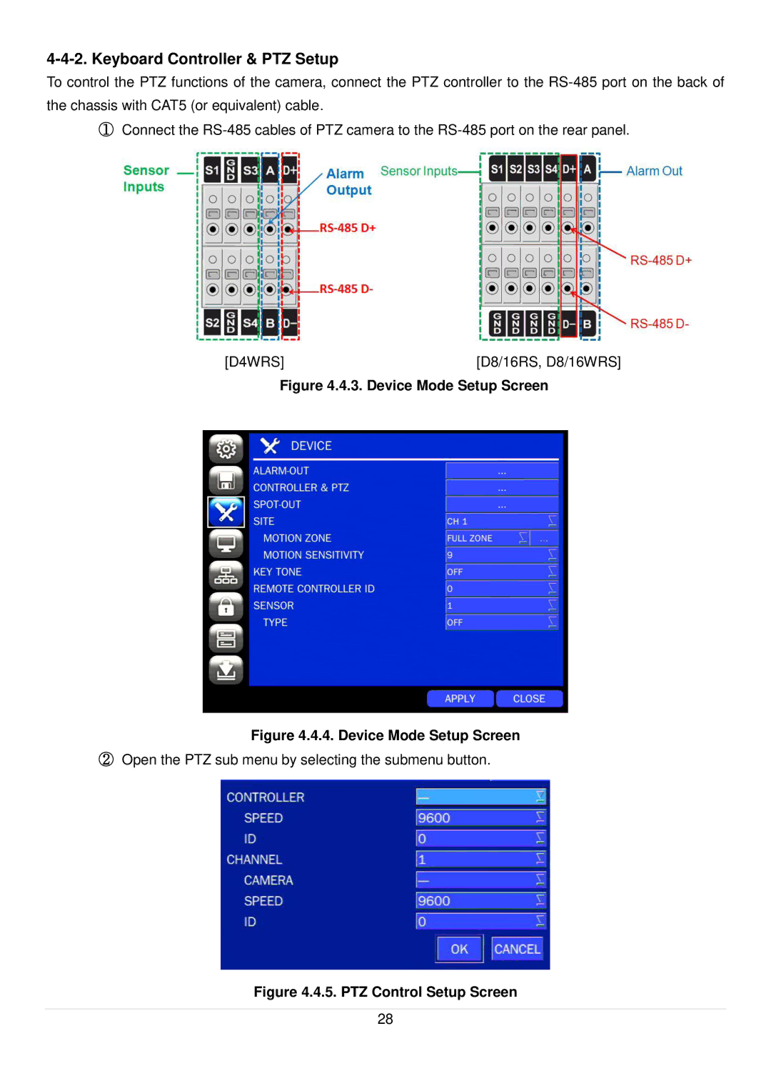 Speco Technologies D4RS, D16RS, D8RS manual Keyboard Controller & PTZ Setup, Device Mode Setup Screen 