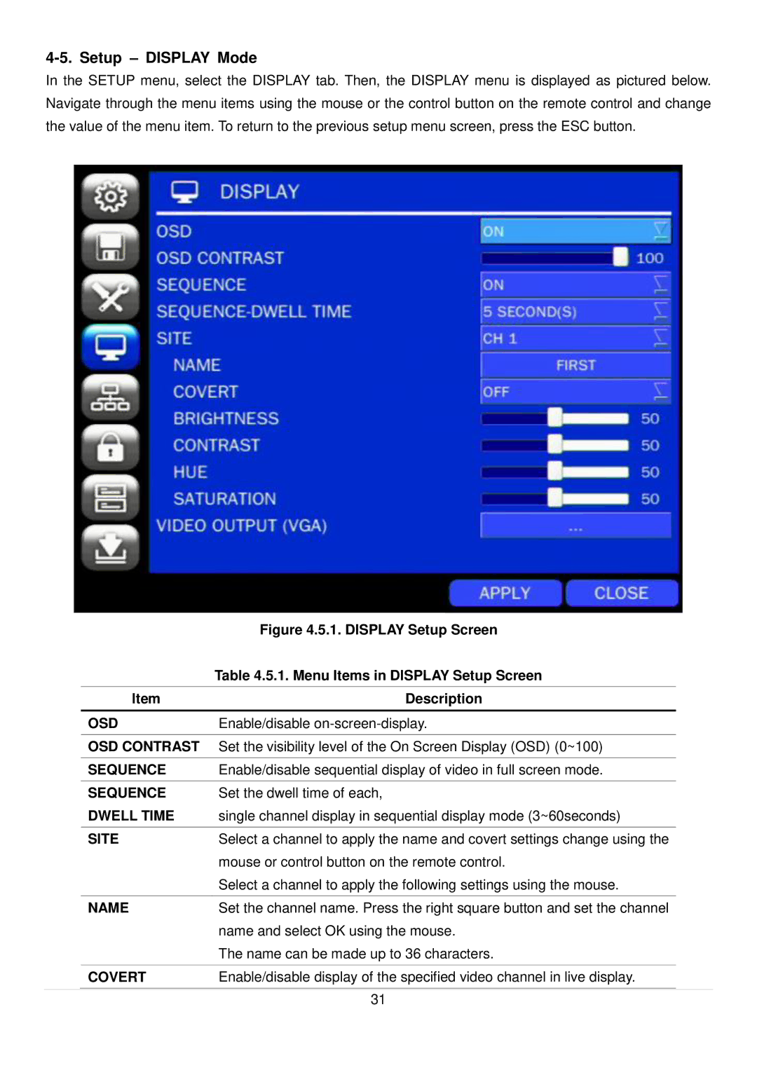 Speco Technologies D4RS, D16RS, D8RS manual Setup Display Mode, Osd, OSD Contrast, Name, Covert 