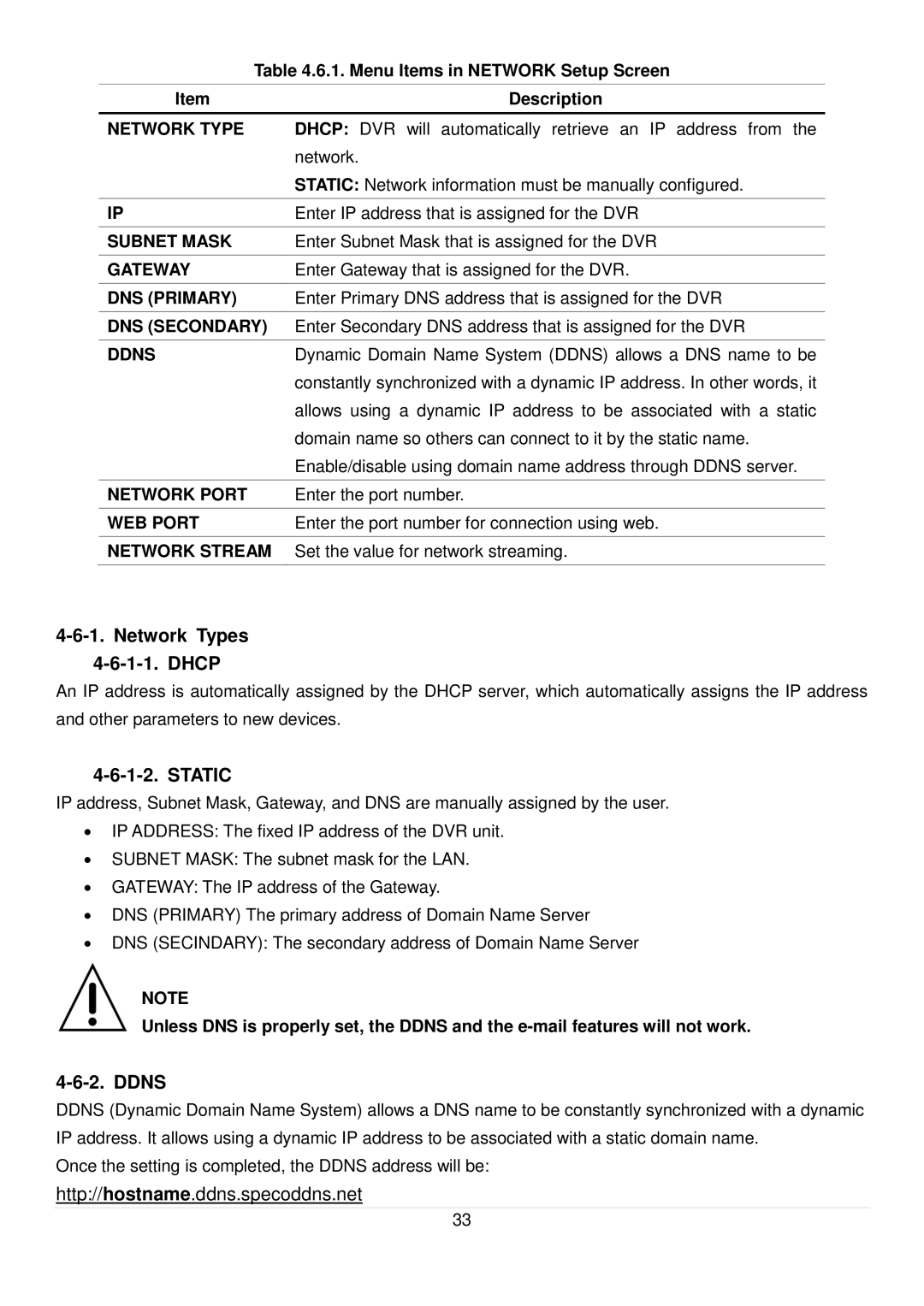 Speco Technologies D16RS, D4RS, D8RS manual Network Types Dhcp, Static, Ddns 