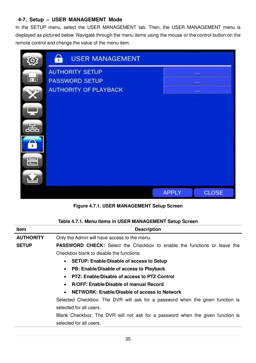 Speco Technologies D8RS, D16RS, D4RS manual Setup User Management Mode, User Management Setup Screen 