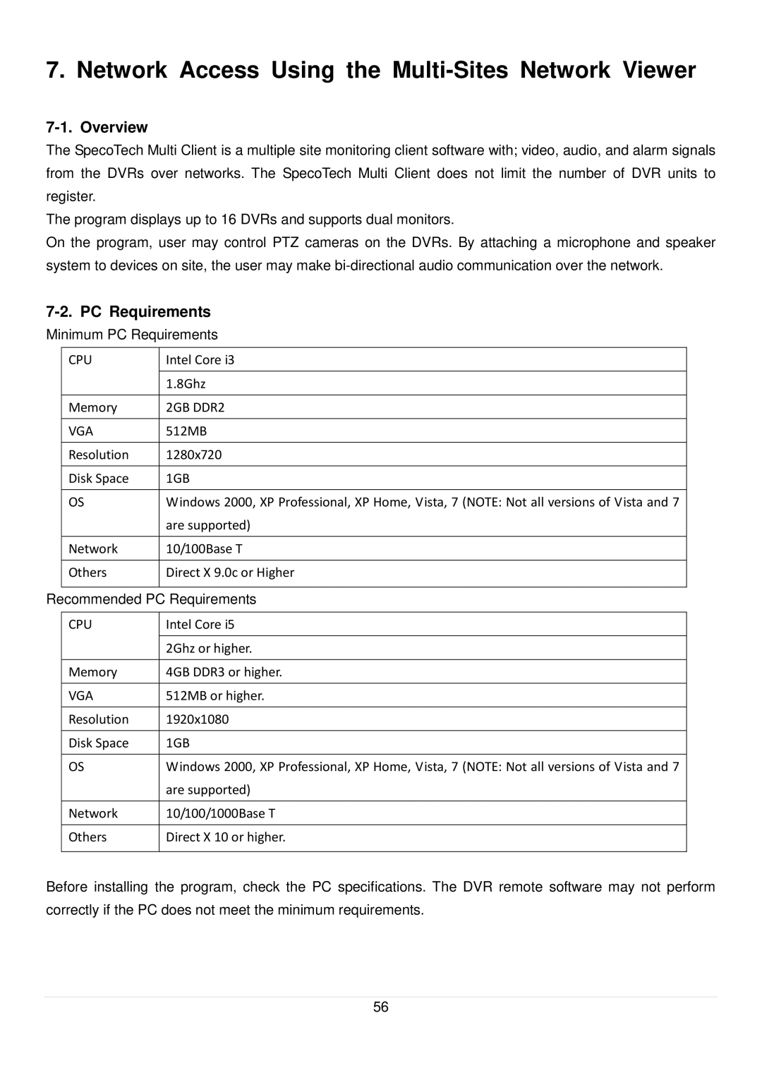 Speco Technologies D8RS, D16RS, D4RS manual Network Access Using the Multi-Sites Network Viewer, Overview, PC Requirements 