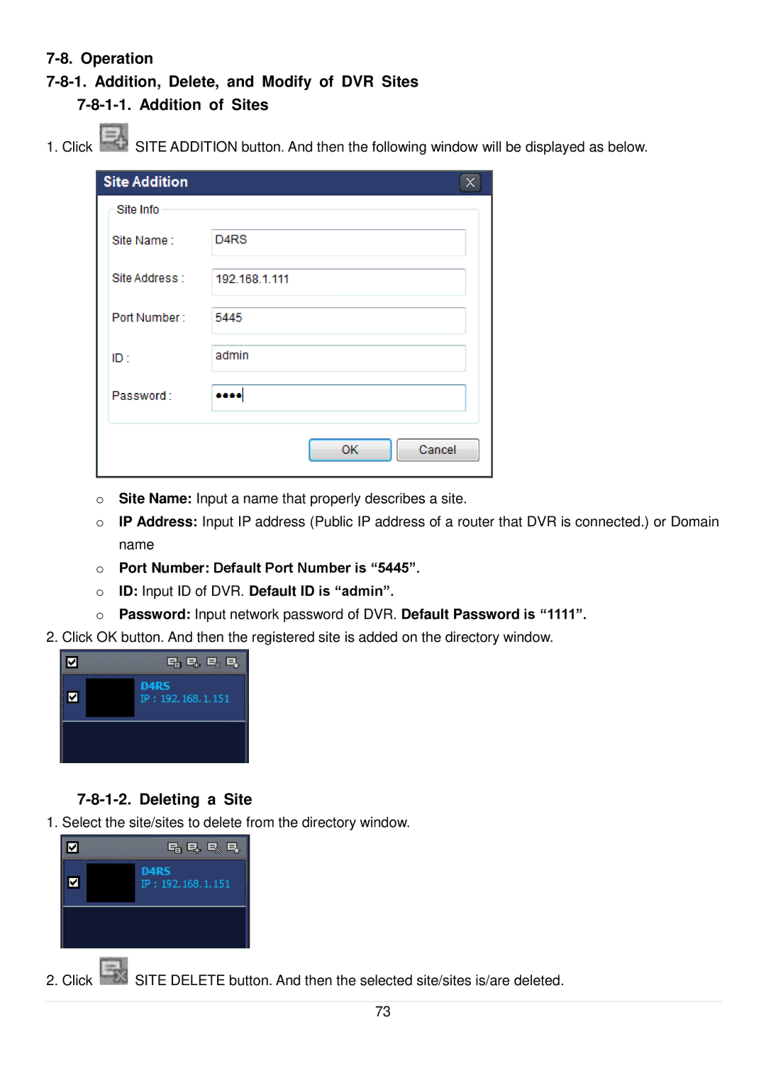 Speco Technologies D4RS, D16RS, D8RS manual Deleting a Site 