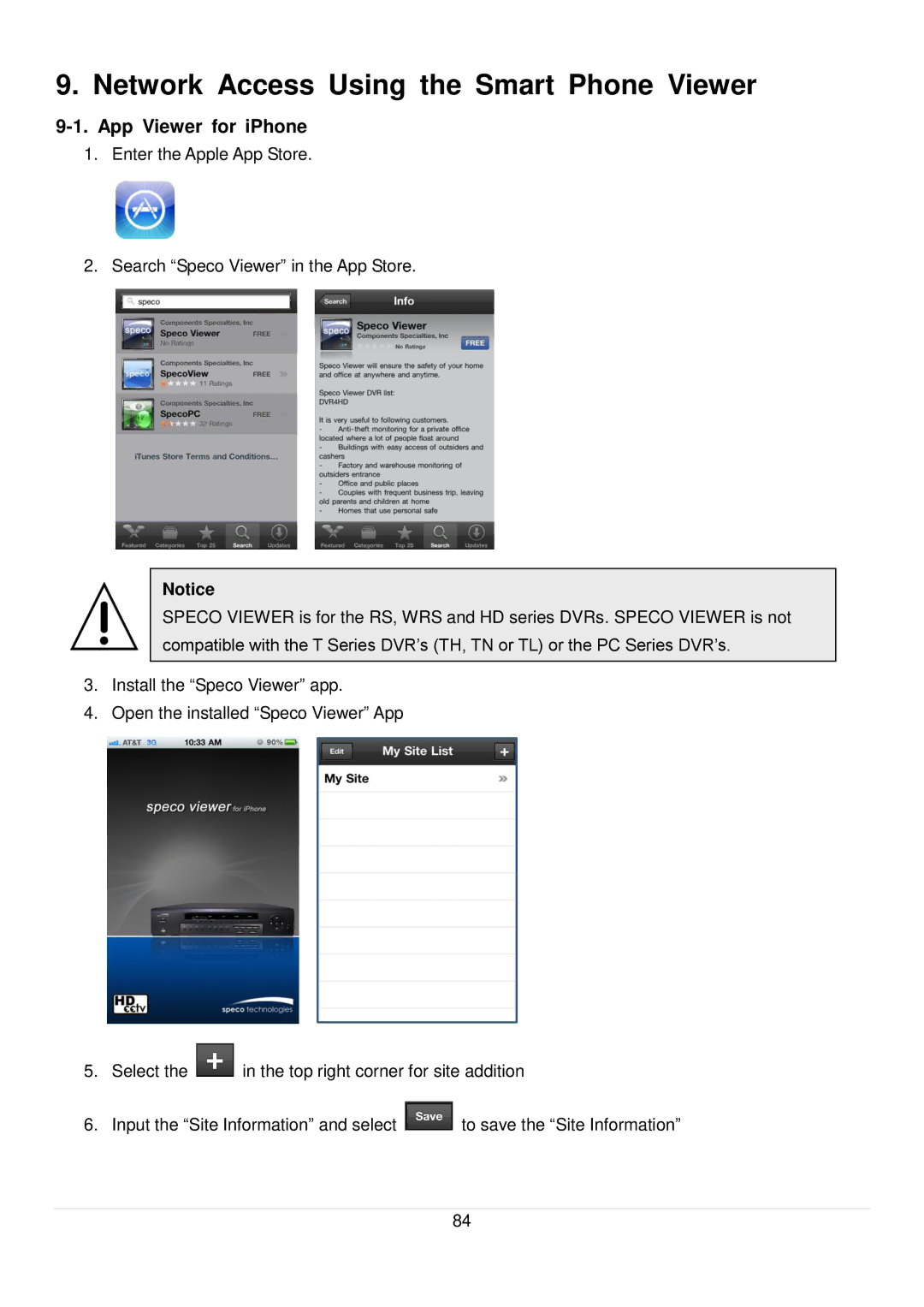 Speco Technologies D16RS, D4RS, D8RS manual Network Access Using the Smart Phone Viewer, App Viewer for iPhone 