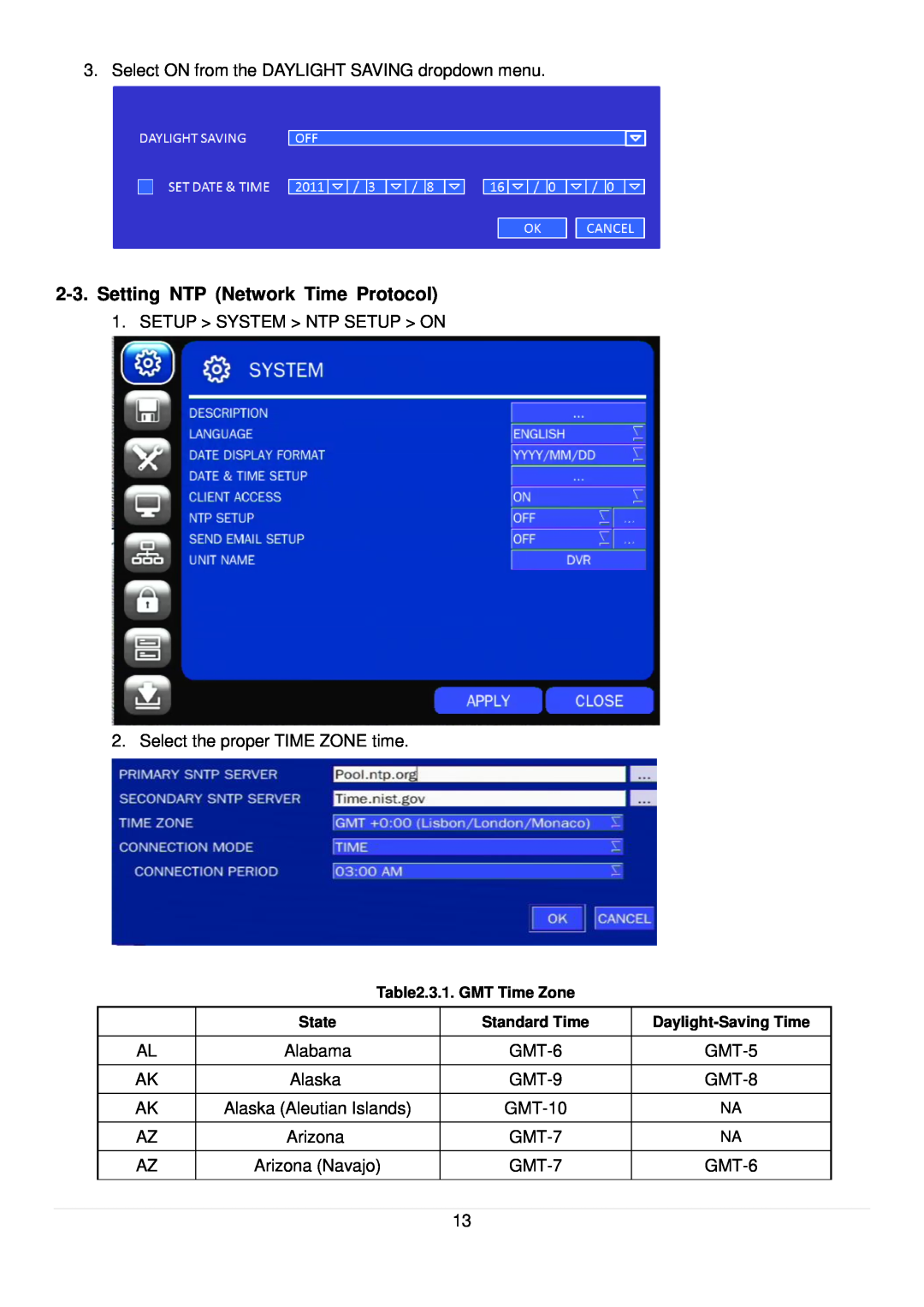 Speco Technologies D4RS Setting NTP Network Time Protocol, 3.1. GMT Time Zone, State, Standard Time, Daylight-Saving Time 