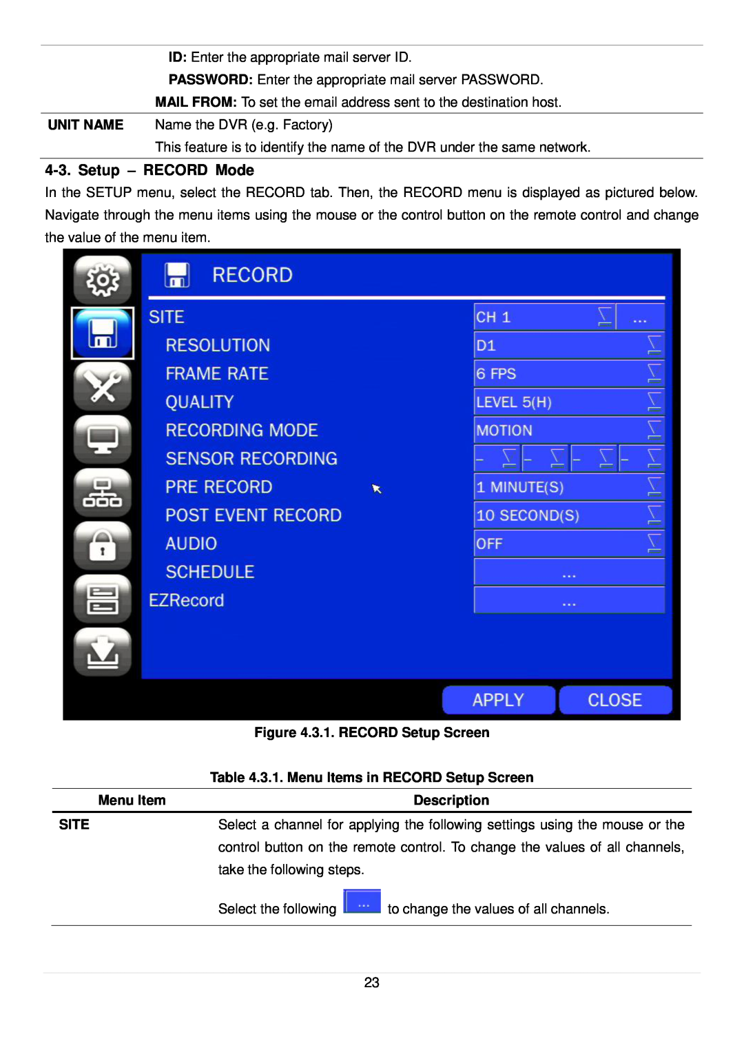 Speco Technologies D8RS Setup - RECORD Mode, 3.1. RECORD Setup Screen, 3.1. Menu Items in RECORD Setup Screen, Description 