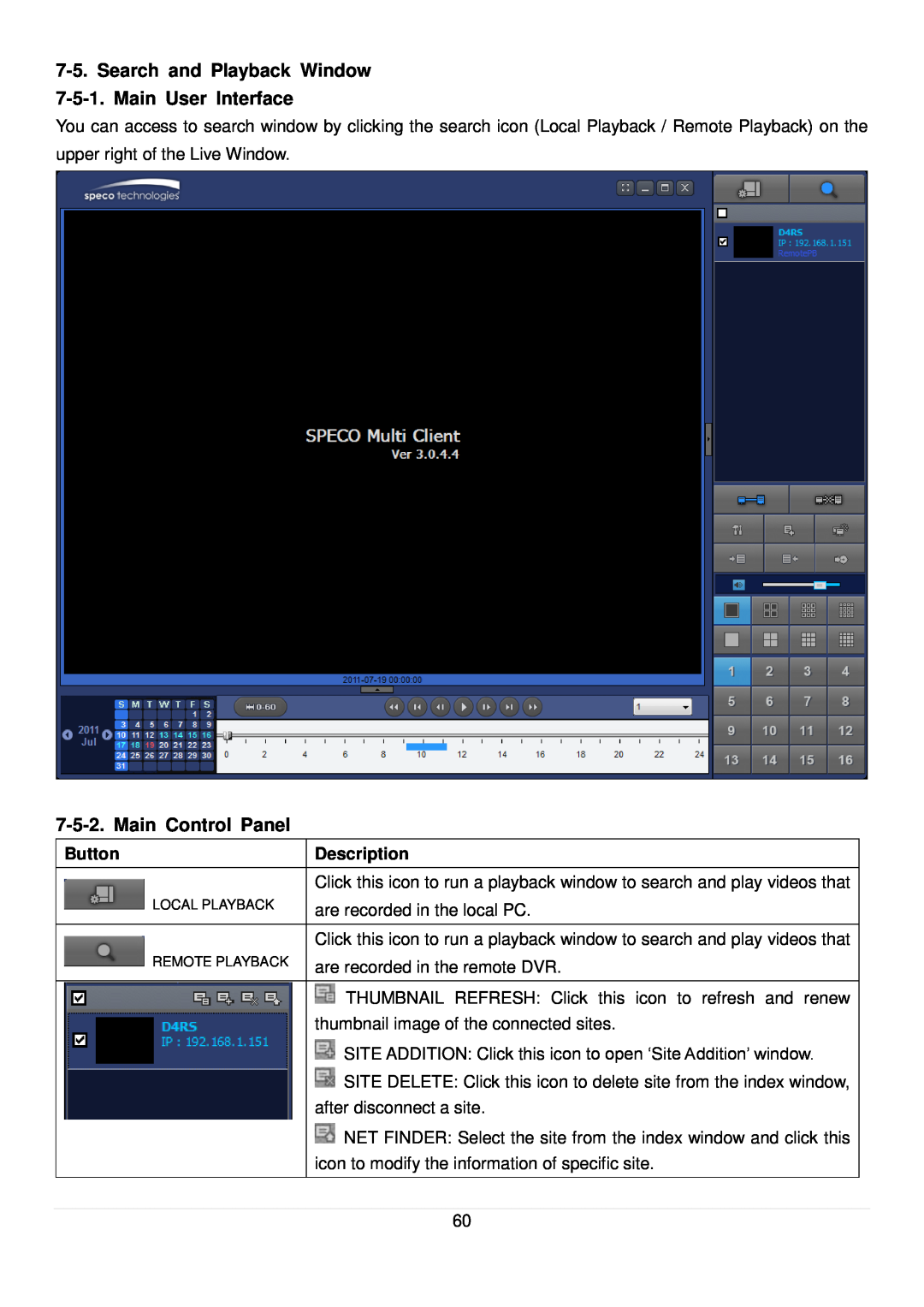 Speco Technologies D16RS Search and Playback Window 7-5-1. Main User Interface, Main Control Panel, Button, Description 