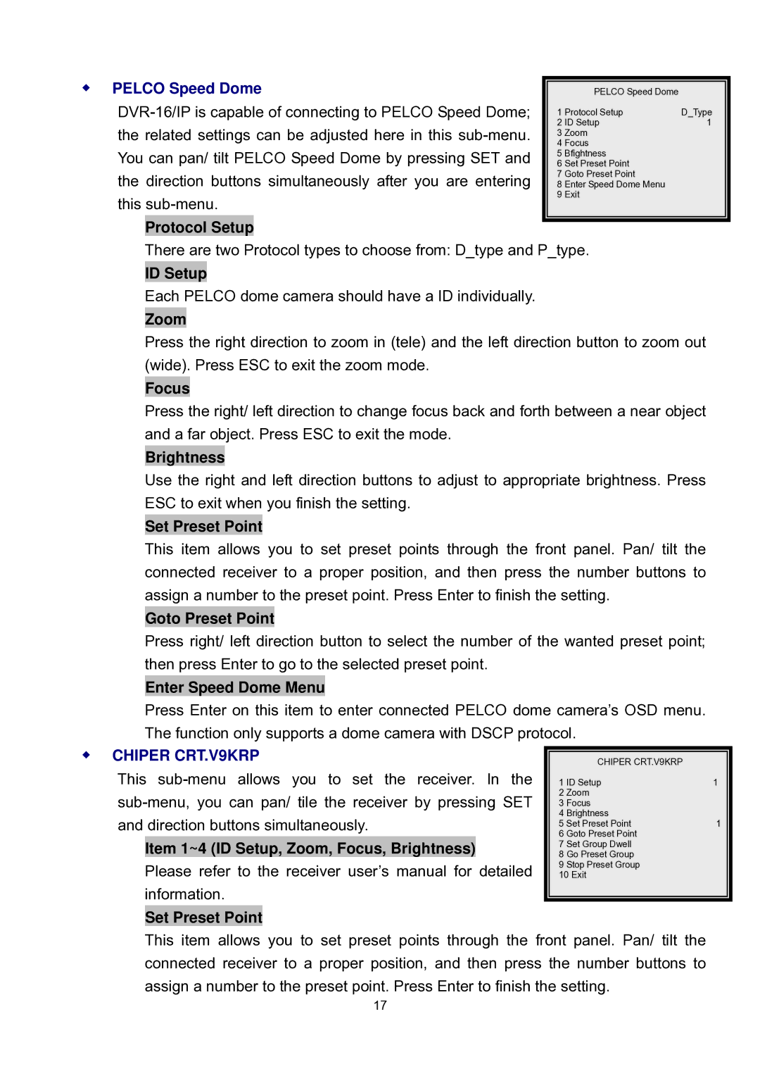 Speco Technologies DVR-16/IP user manual Pelco Speed Dome 