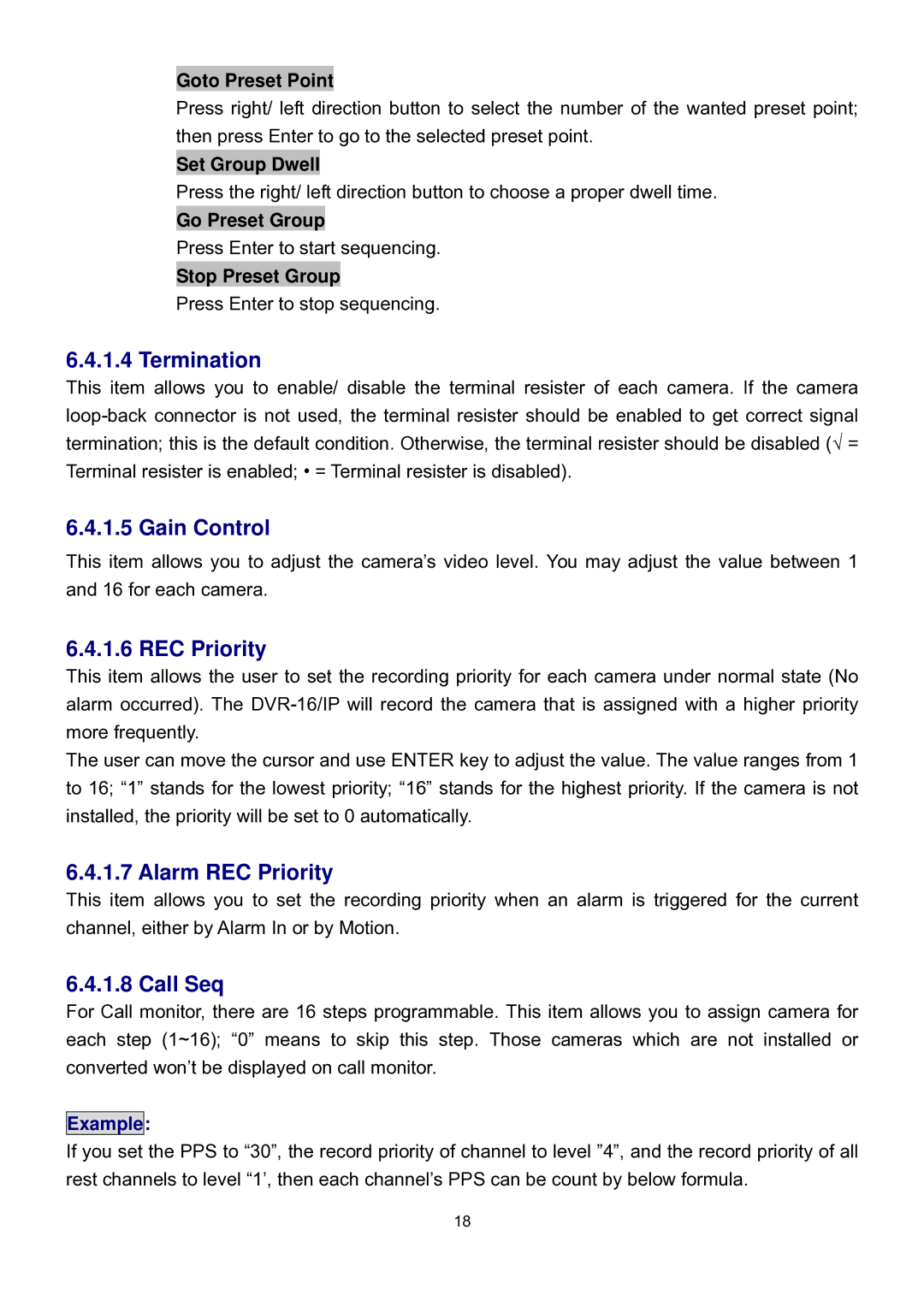 Speco Technologies DVR-16/IP user manual Termination, Gain Control, Alarm REC Priority, Call Seq 