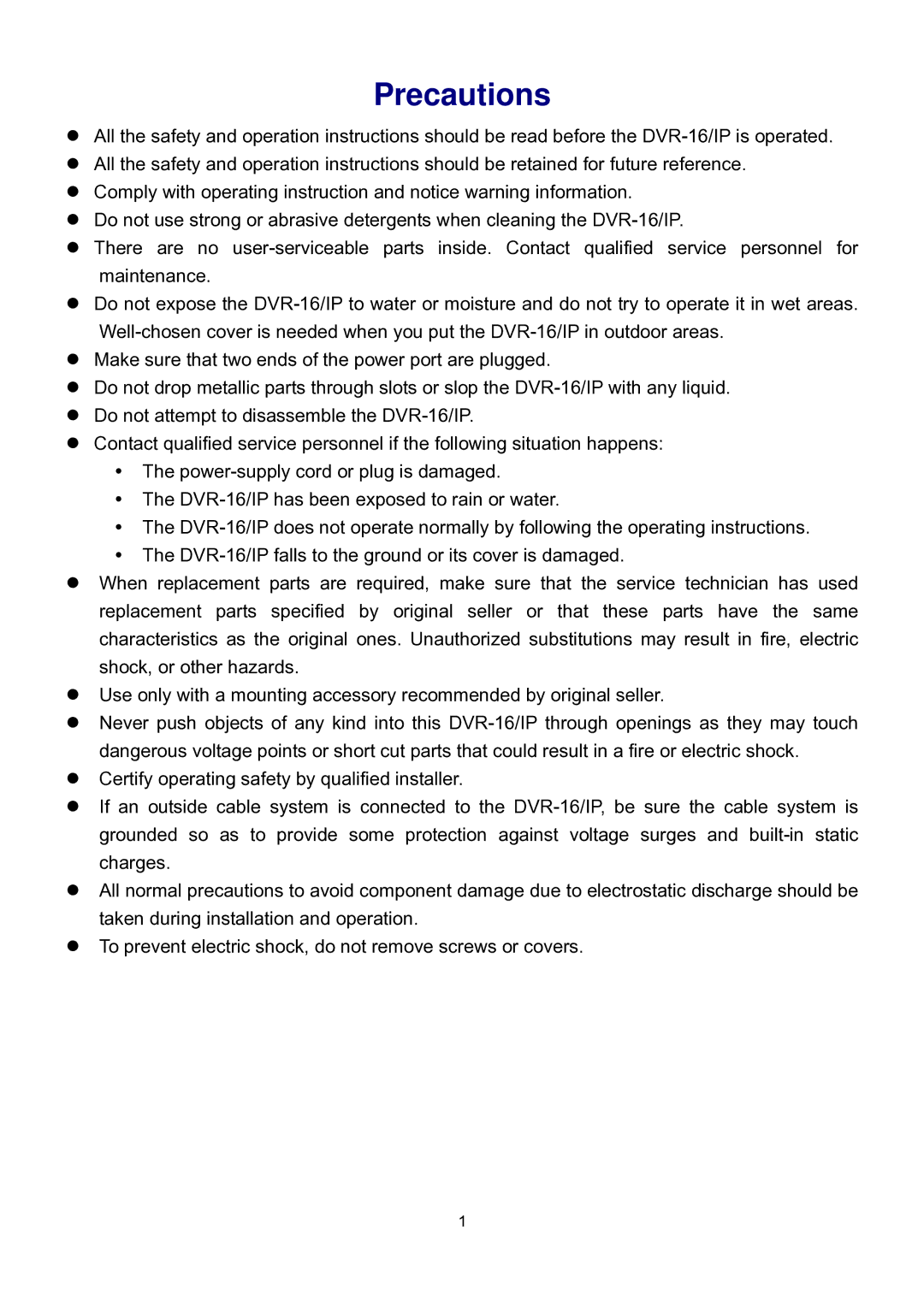 Speco Technologies DVR-16/IP user manual Precautions 